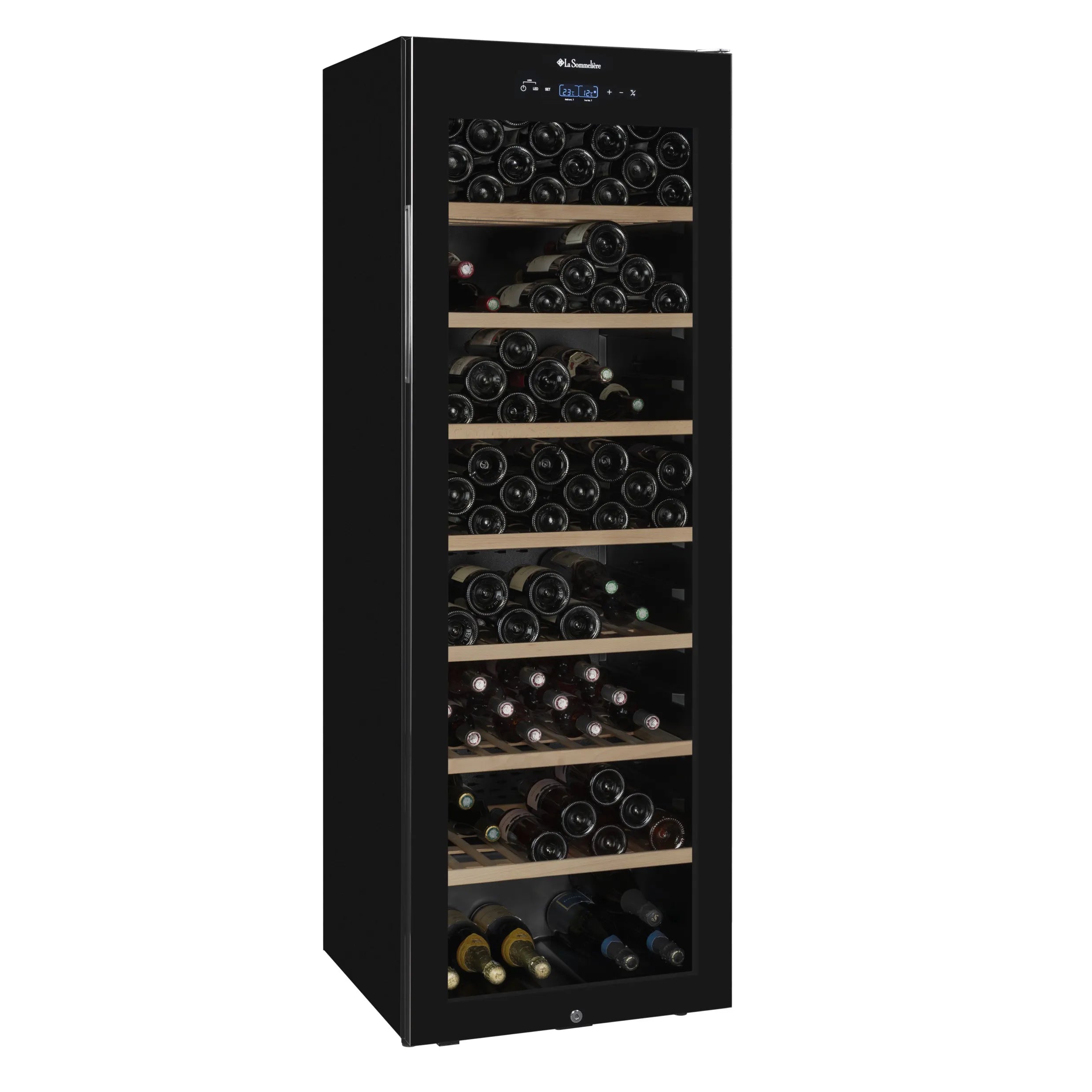 Vinoteca La Sommeliere CLASSIC185 de 185 botellas, vista en angulo con acabado negro.