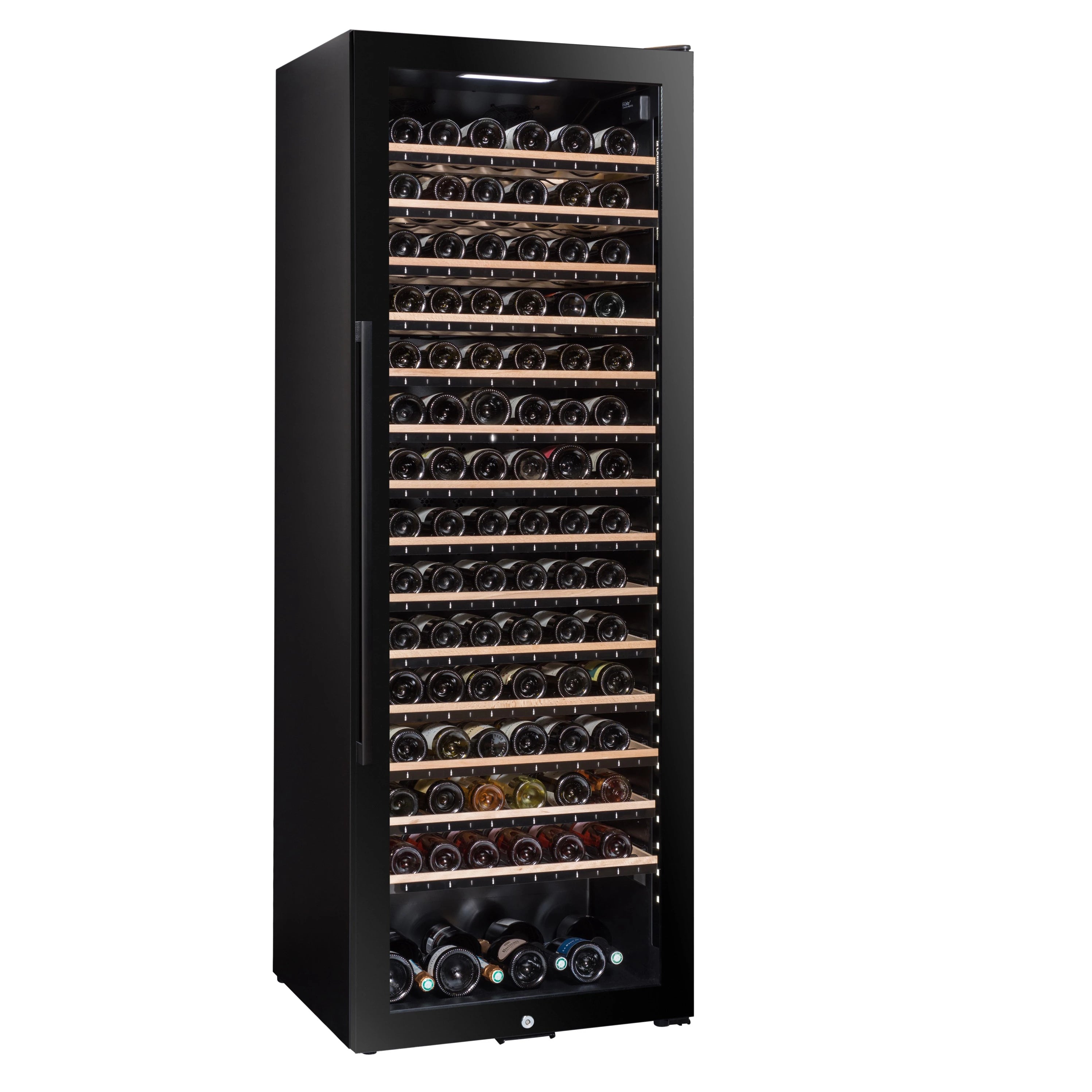 Vista de la Vinoteca 185 botellas La Sommelière ECELLAR185G2 completamente abastecida con botellas de vino