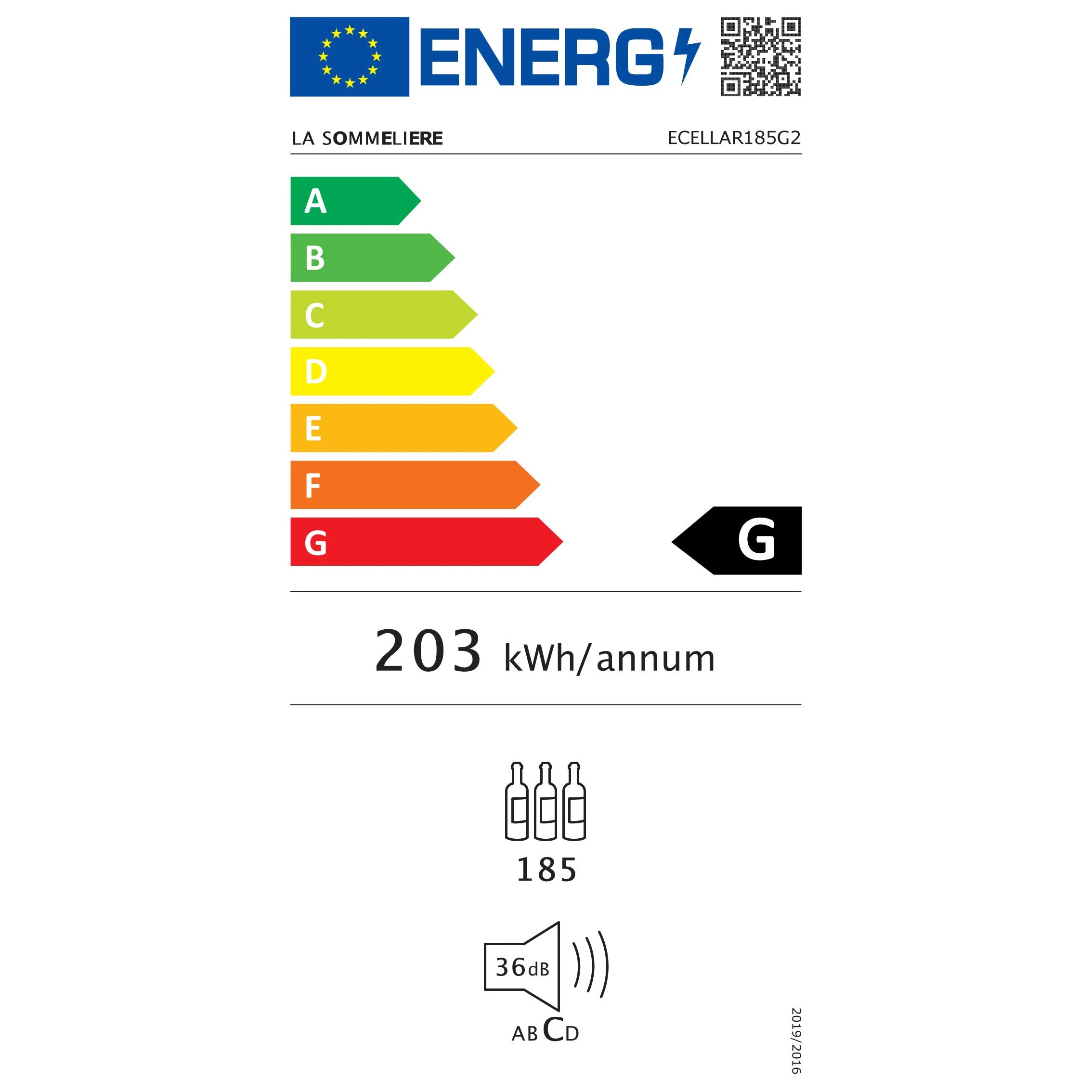Etiqueta de consumo energético de la Vinoteca 185 botellas La Sommelière ECELLAR185G2 con detalles de consumo y clasificación.