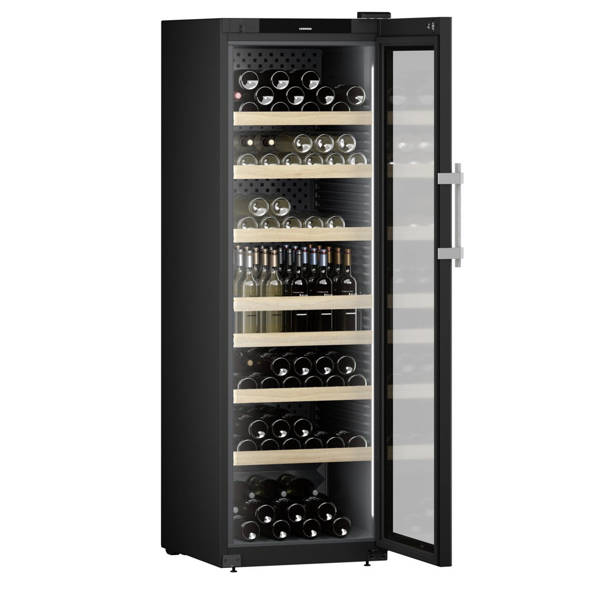 Vinoteca Liebherr GrandCru Perfection 188 botellas WFbli 5241 vista lateral con puerta abierta y llena de botellas de vino