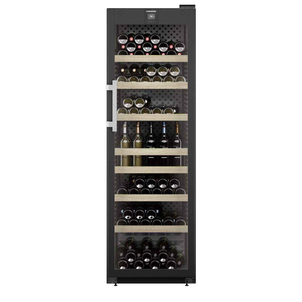 Vinoteca Liebherr GrandCru Perfection 188 botellas WFbli 5241 vista frontal con puerta cerrada y llena de botellas de vino