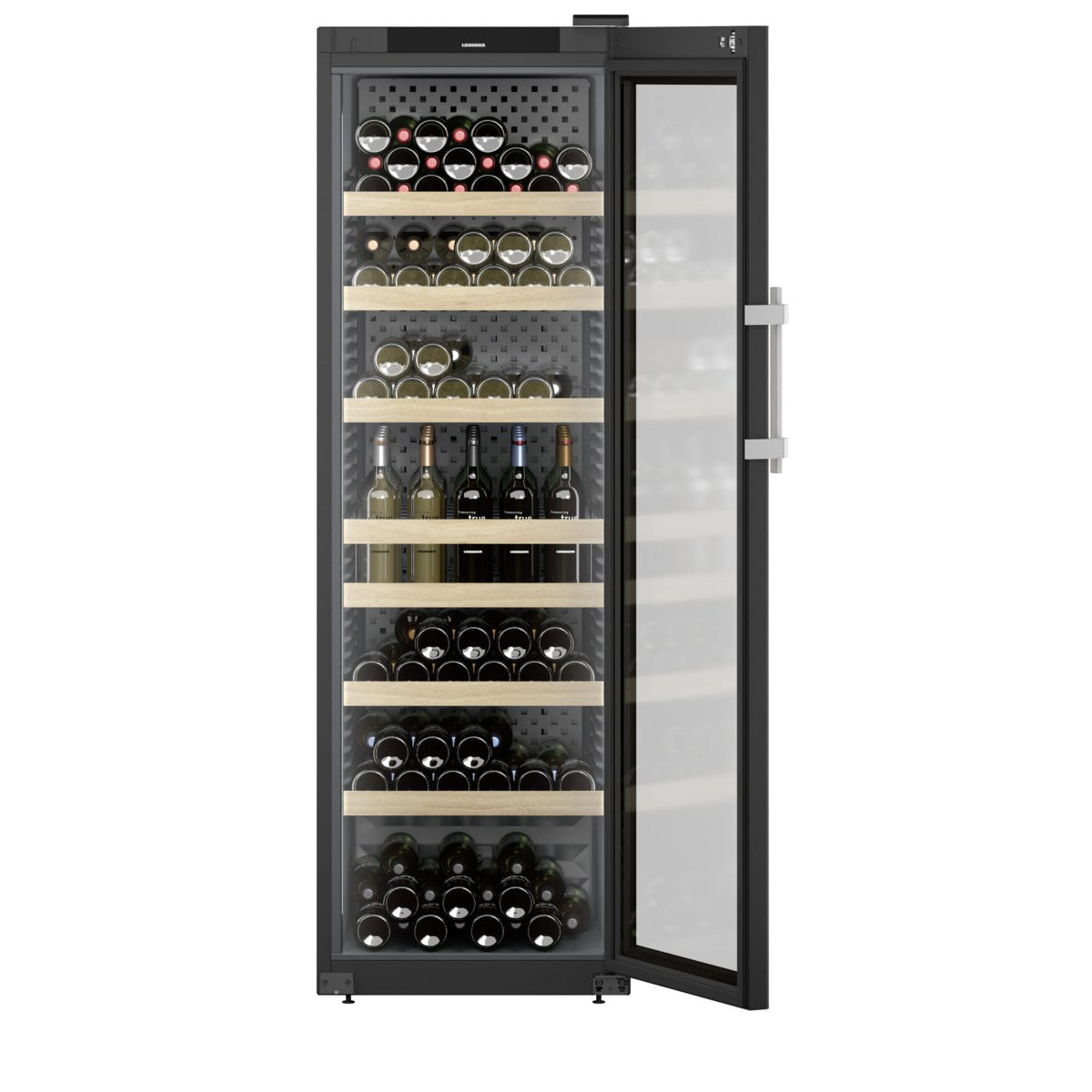 Vinoteca Liebherr GrandCru Perfection 188 botellas WFbli 5241 vista frontal con puerta abierta y llena de botellas de vino
