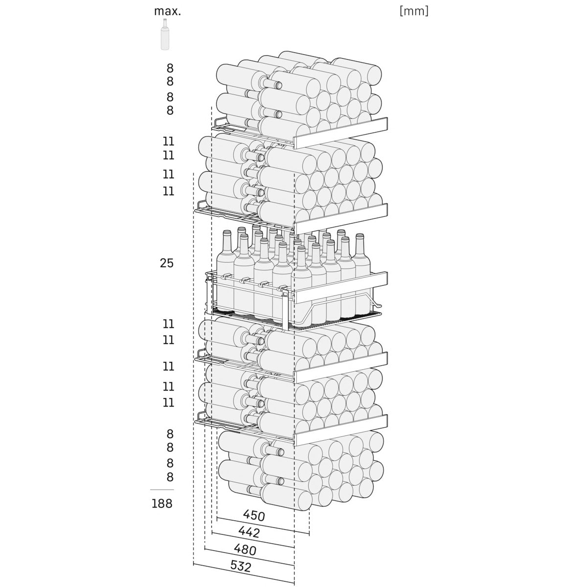 Vinoteca Liebherr GrandCru Perfection 188 botellas WFbli 5241 diagrama de capacidad