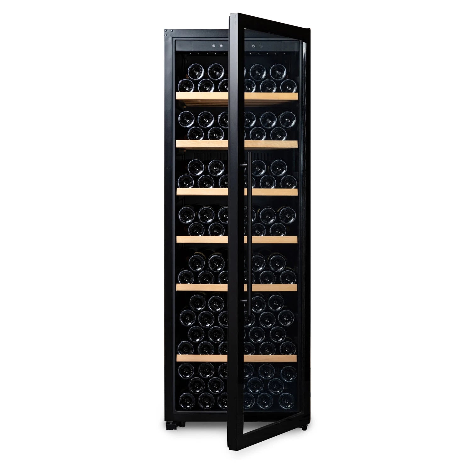 Vinoteca 192 botellas Vinobox V190 PRO vista frontal con puerta semiabierta y llena de botellas de vino