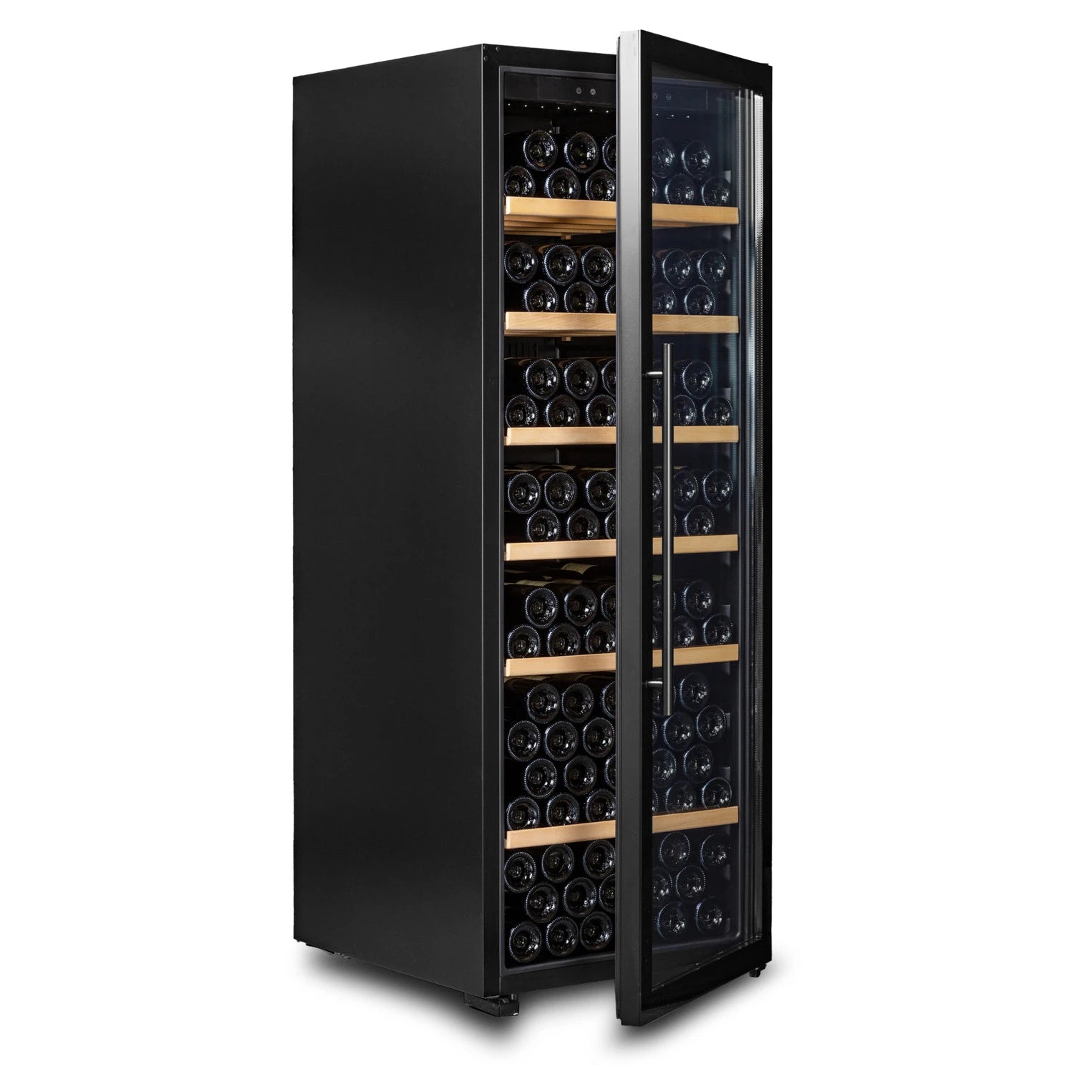 Vinoteca 192 botellas Vinobox V190 PRO vista lateral con puerta semiabierta y llena de botellas de vino