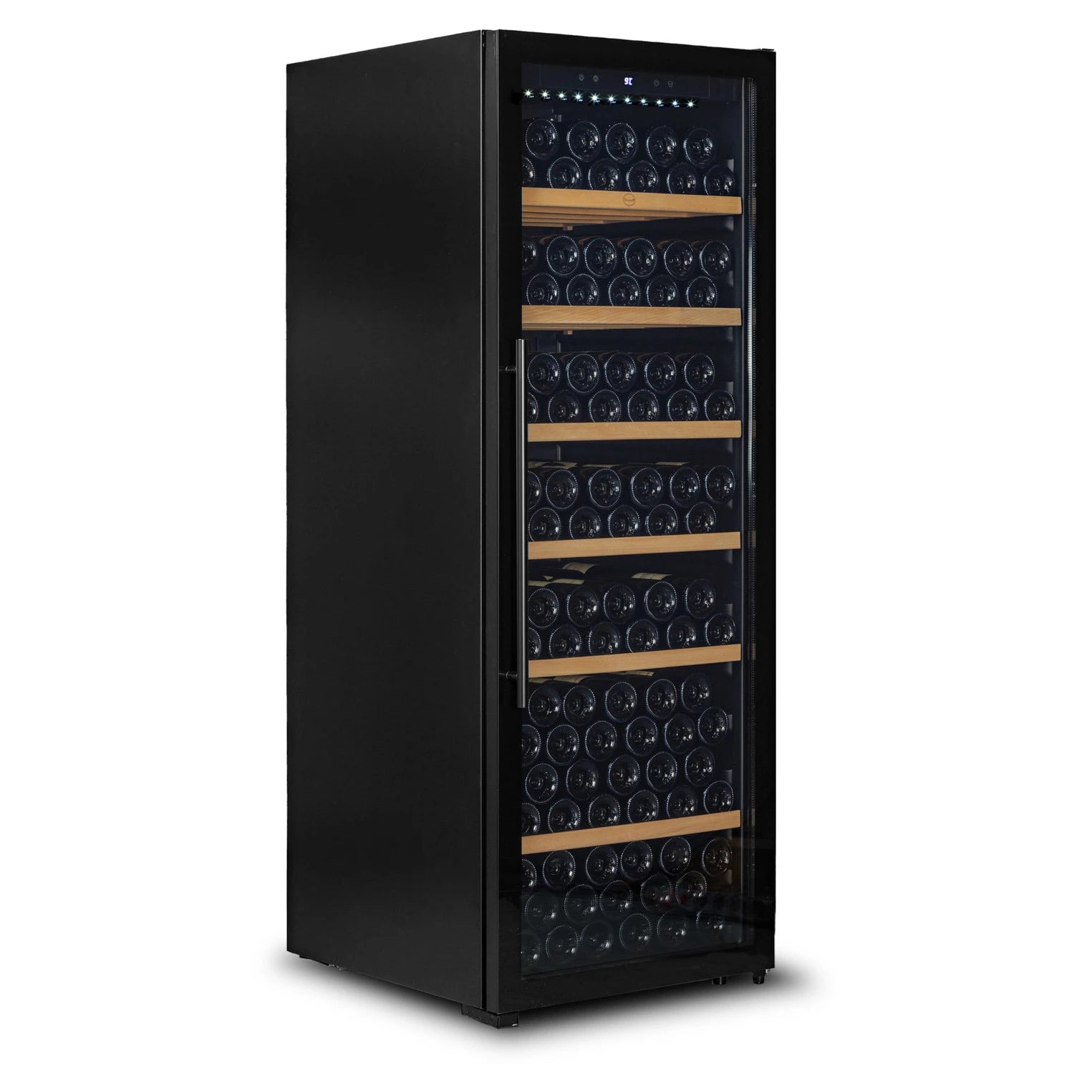 Vinoteca 192 botellas Vinobox V190 PRO vista lateral con puerta cerrada y llena de botellas de vino