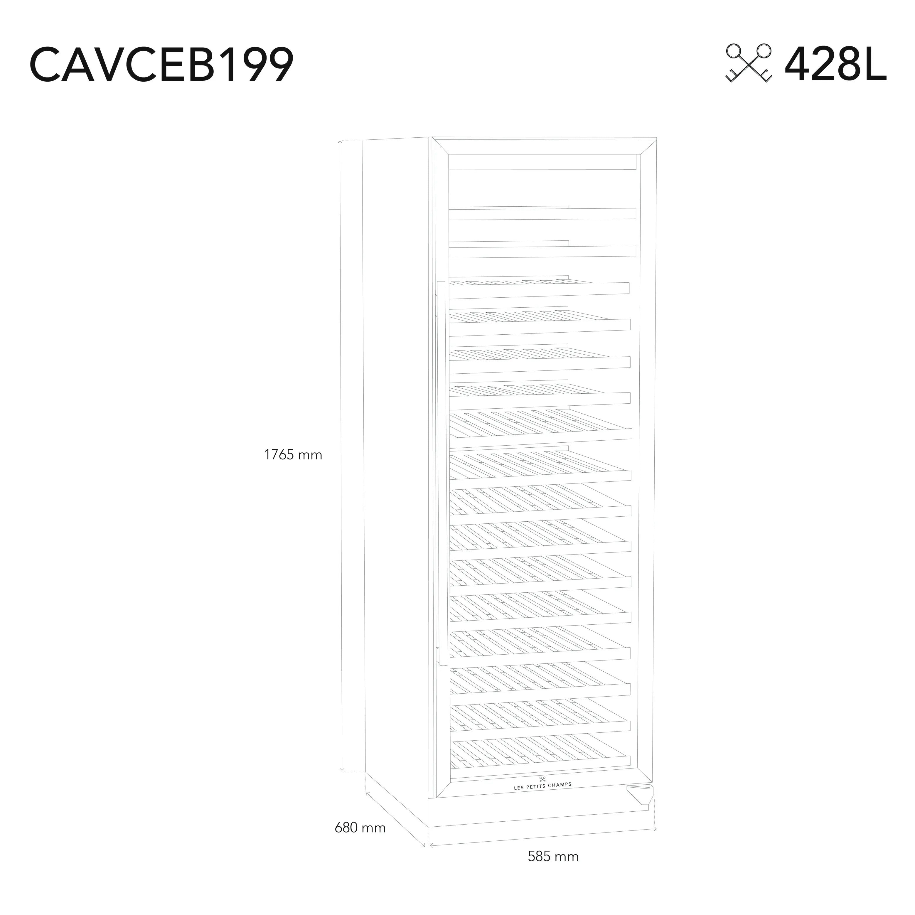 Plano lineal de la vinoteca con dimensiones detalladas y estantes esquematizados, identificada como modelo CAVCEB199.