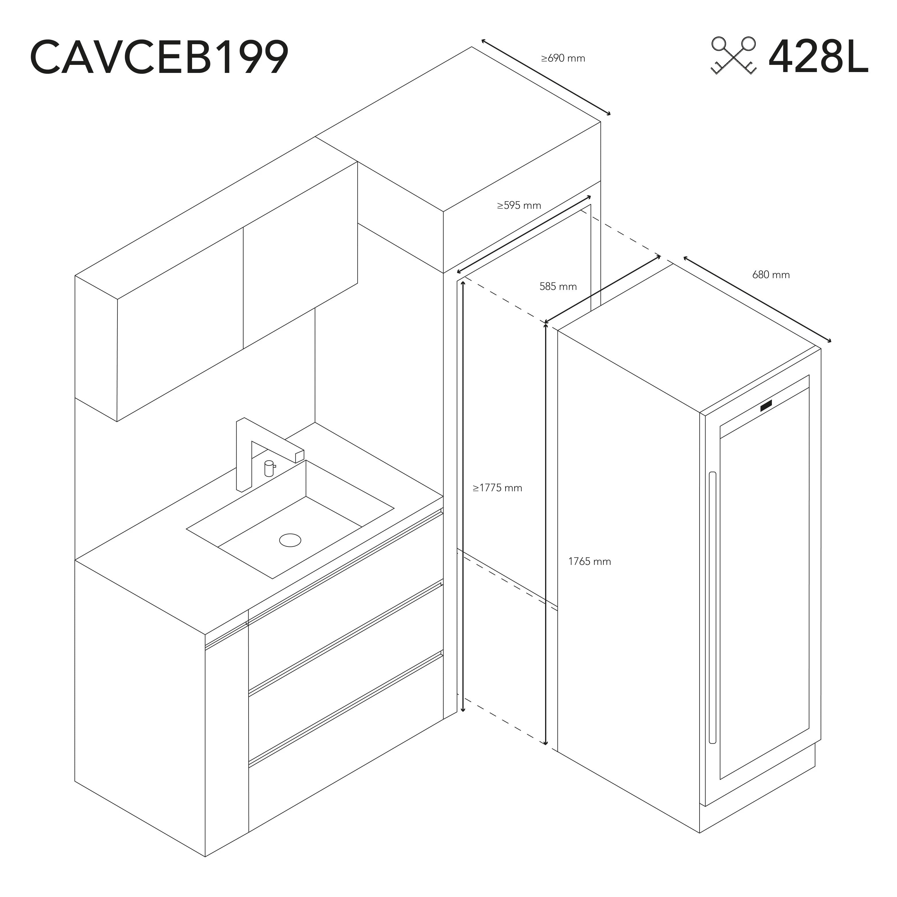 Esquema de instalación del modelo CAVCEB199 en una cocina, mostrando medidas de espacio necesarias y ubicación recomendada.
