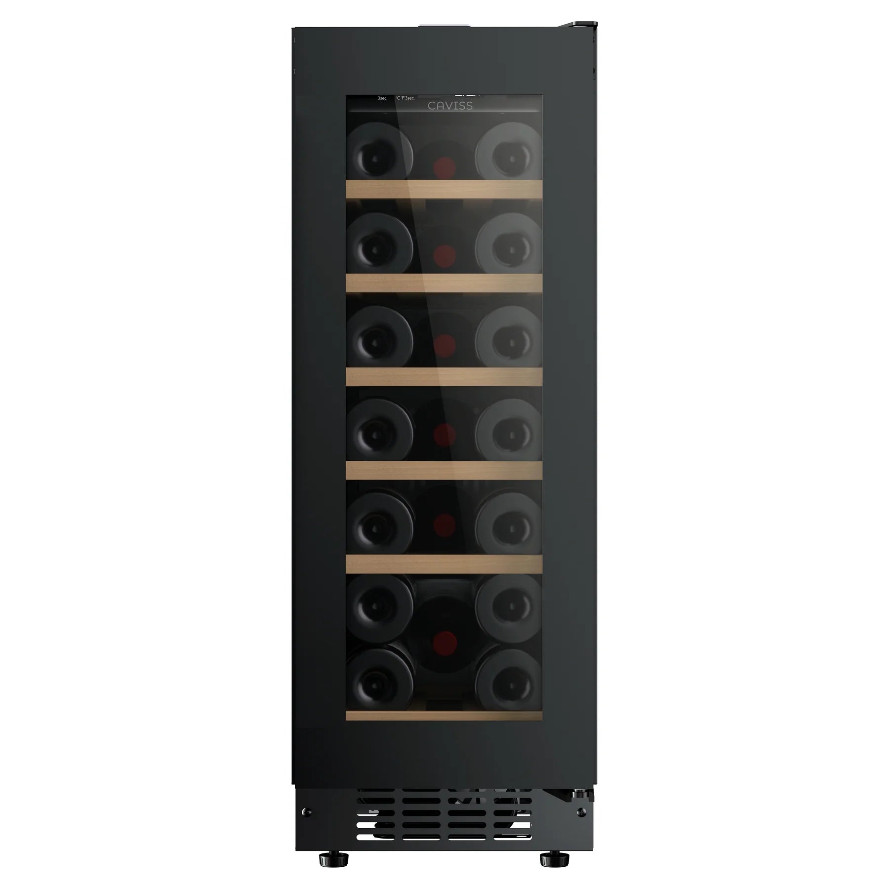 Vinoteca Caviss CT1SP20H82N30 con los seis estantes de madera y botellas, vista frontal