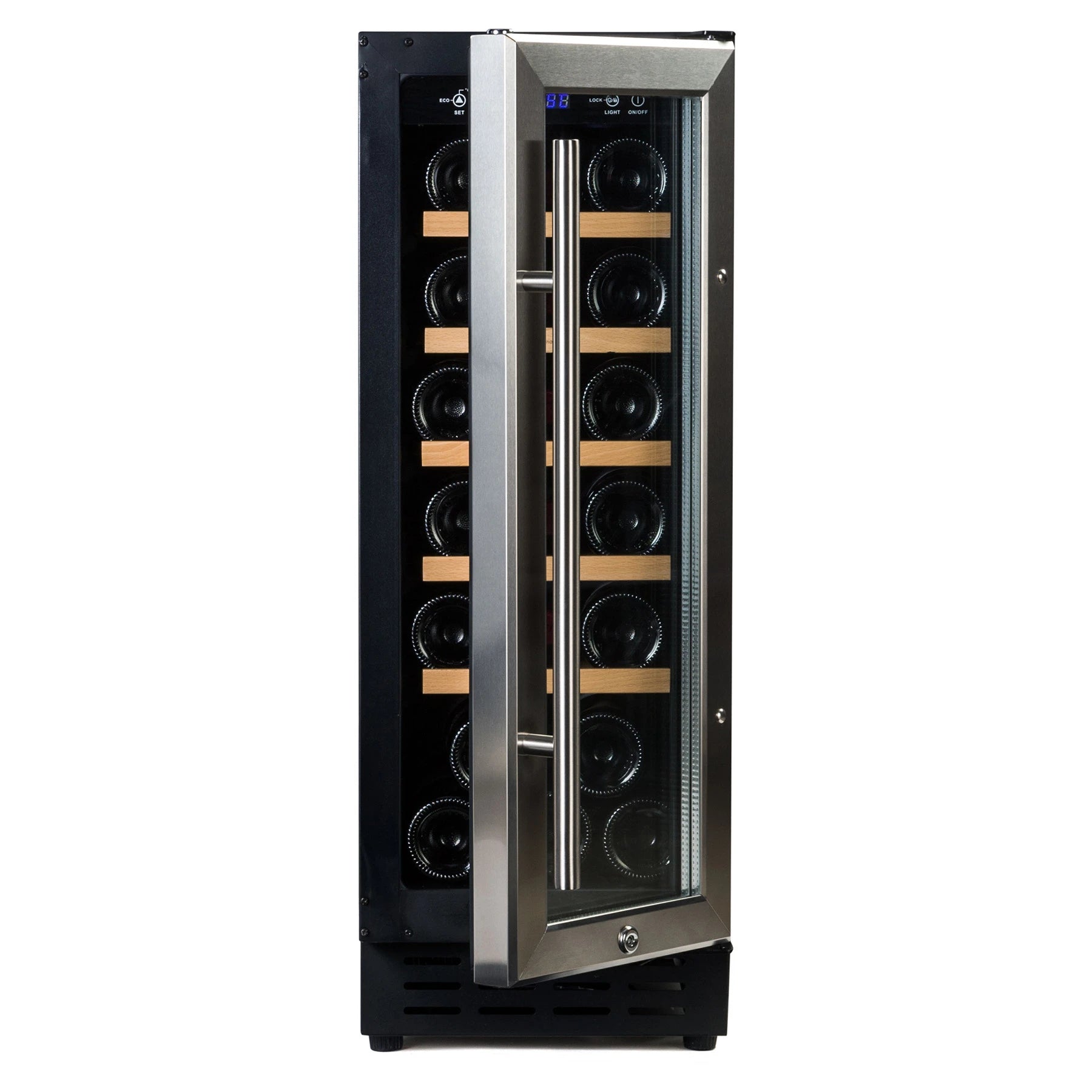 Vinoteca Vinobox V20 Design Inox con puerta abierta y bandejas de madera extraibles.