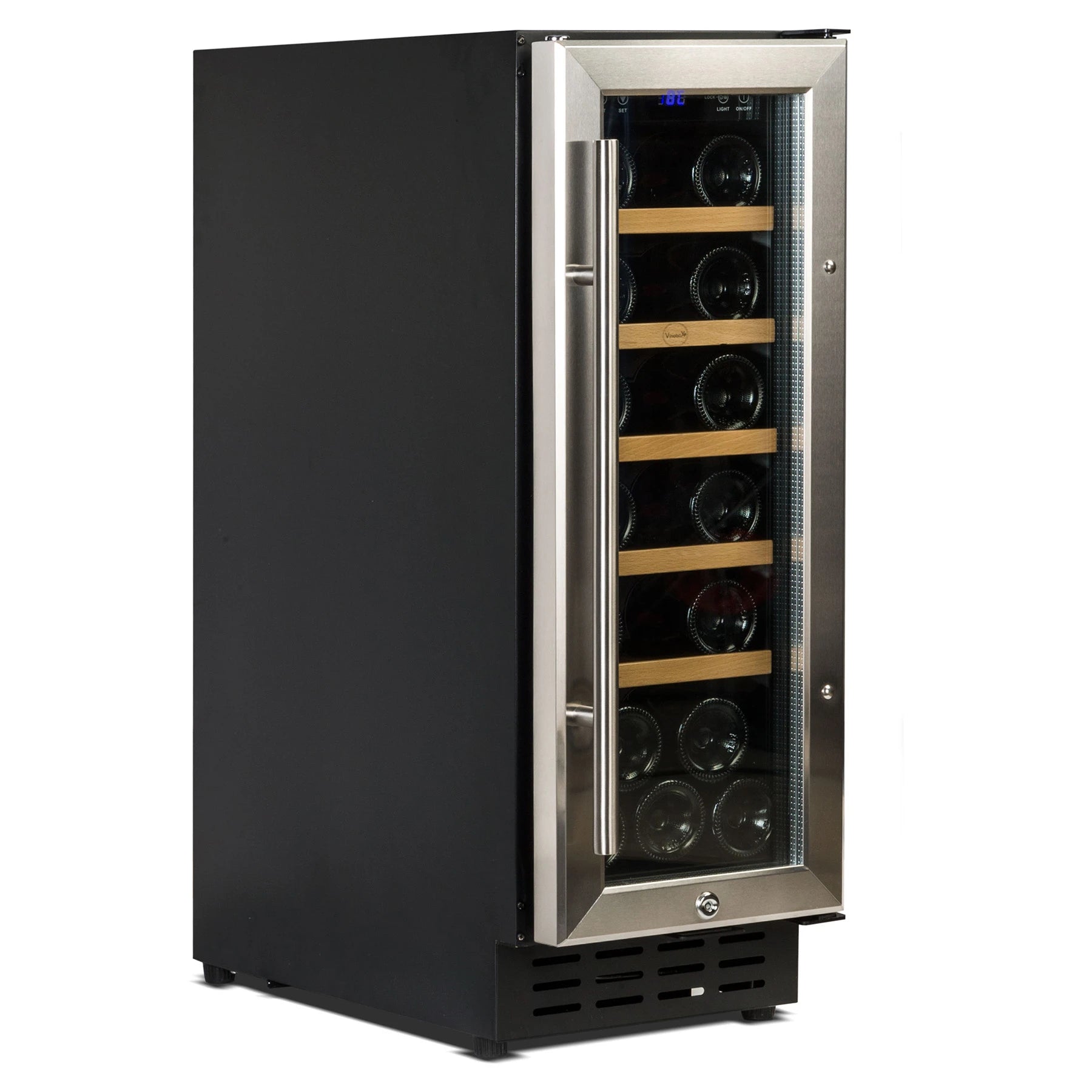 Detalle de la vinoteca Vinobox V20 Design Inox con puerta de doble cristal anti UV y marco inox.