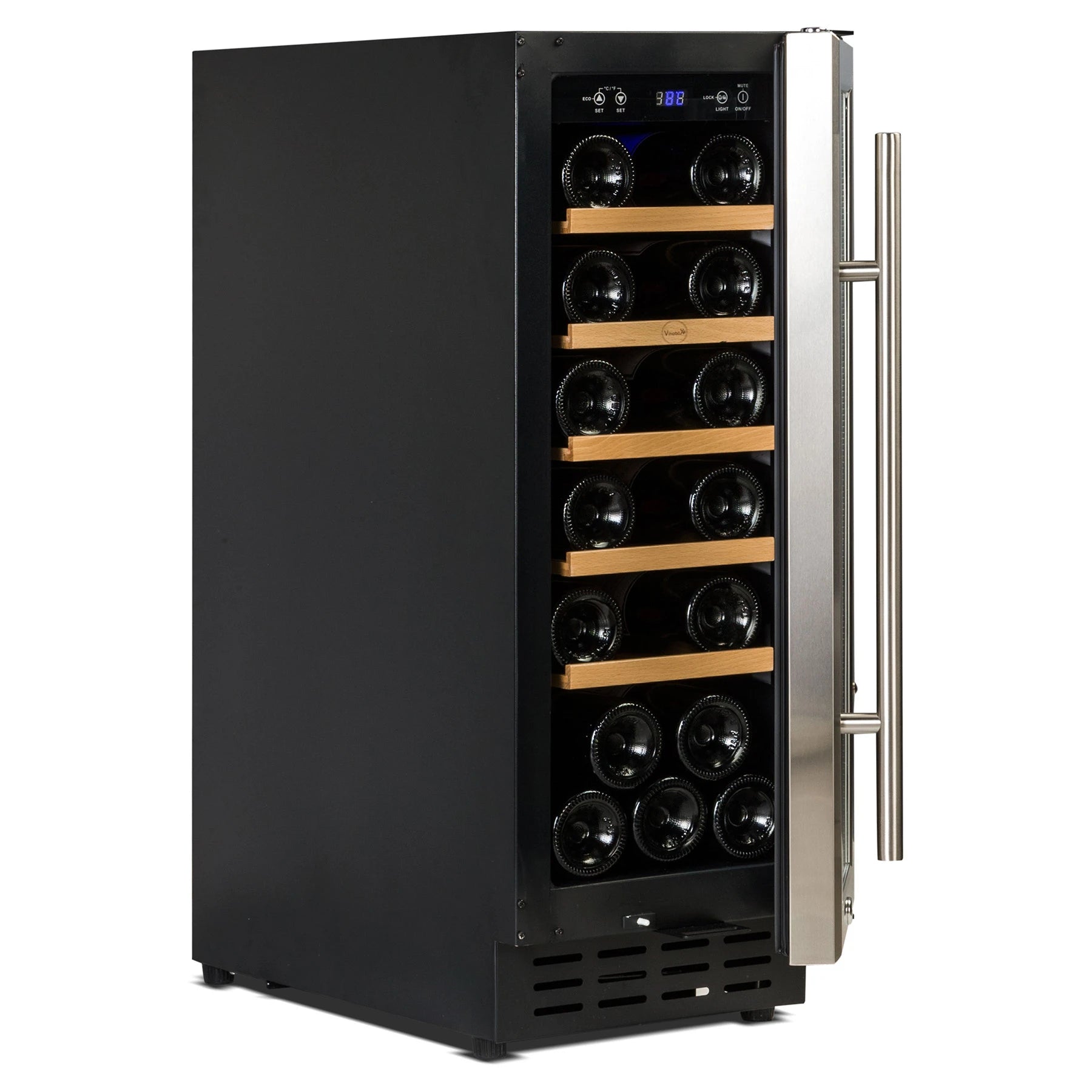 Interior de la vinoteca Vinobox V20 Design Inox con bandejas de madera para 20 botellas.