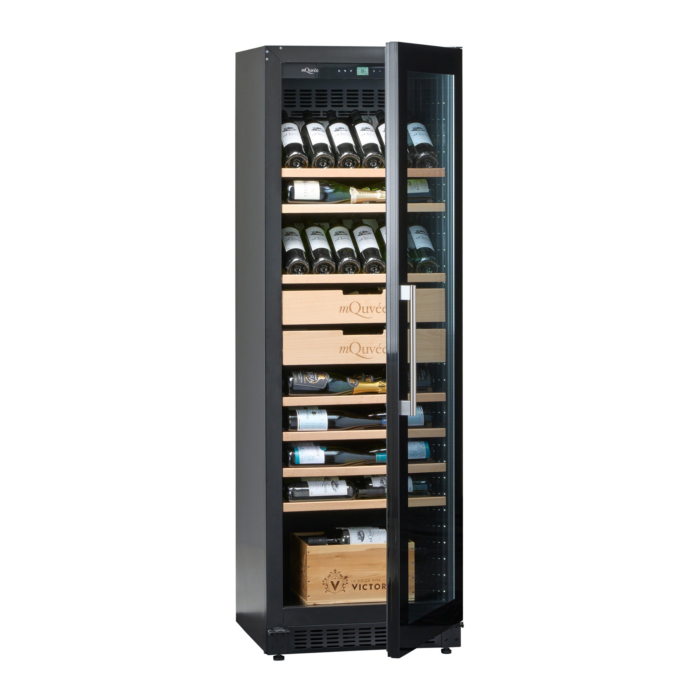 Vinoteca 200 botellas mQuvée VELVET 125 lateral semiabierta llena