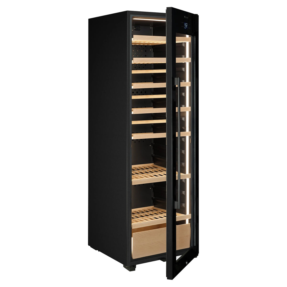 Vinoteca La Sommelière VIP205 EDITION vista en ángulo con la puerta abierta y estantes de madera vacíos