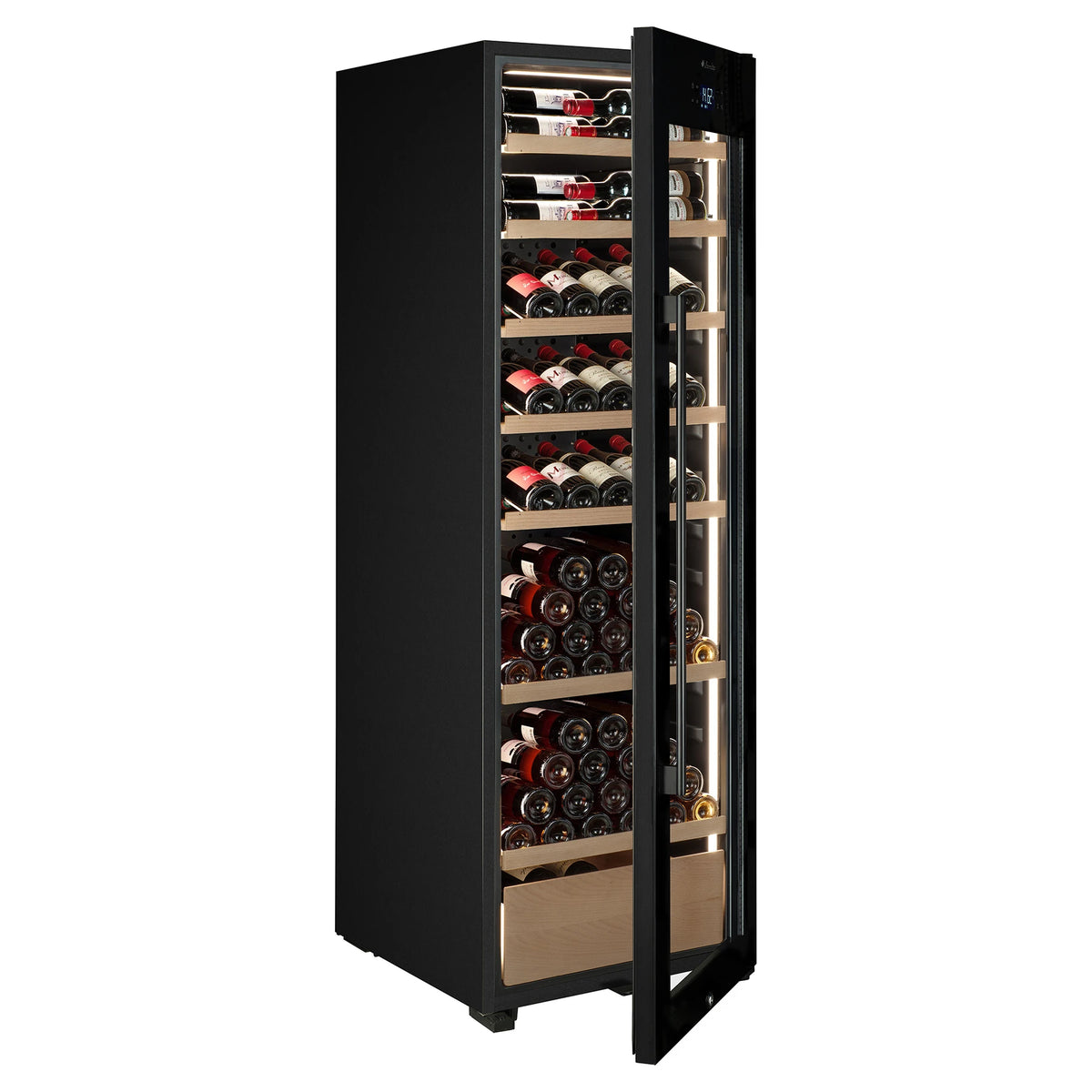Vinoteca La Sommelière VIP205 EDITION vista en ángulo con la puerta abierta y llena de botellas