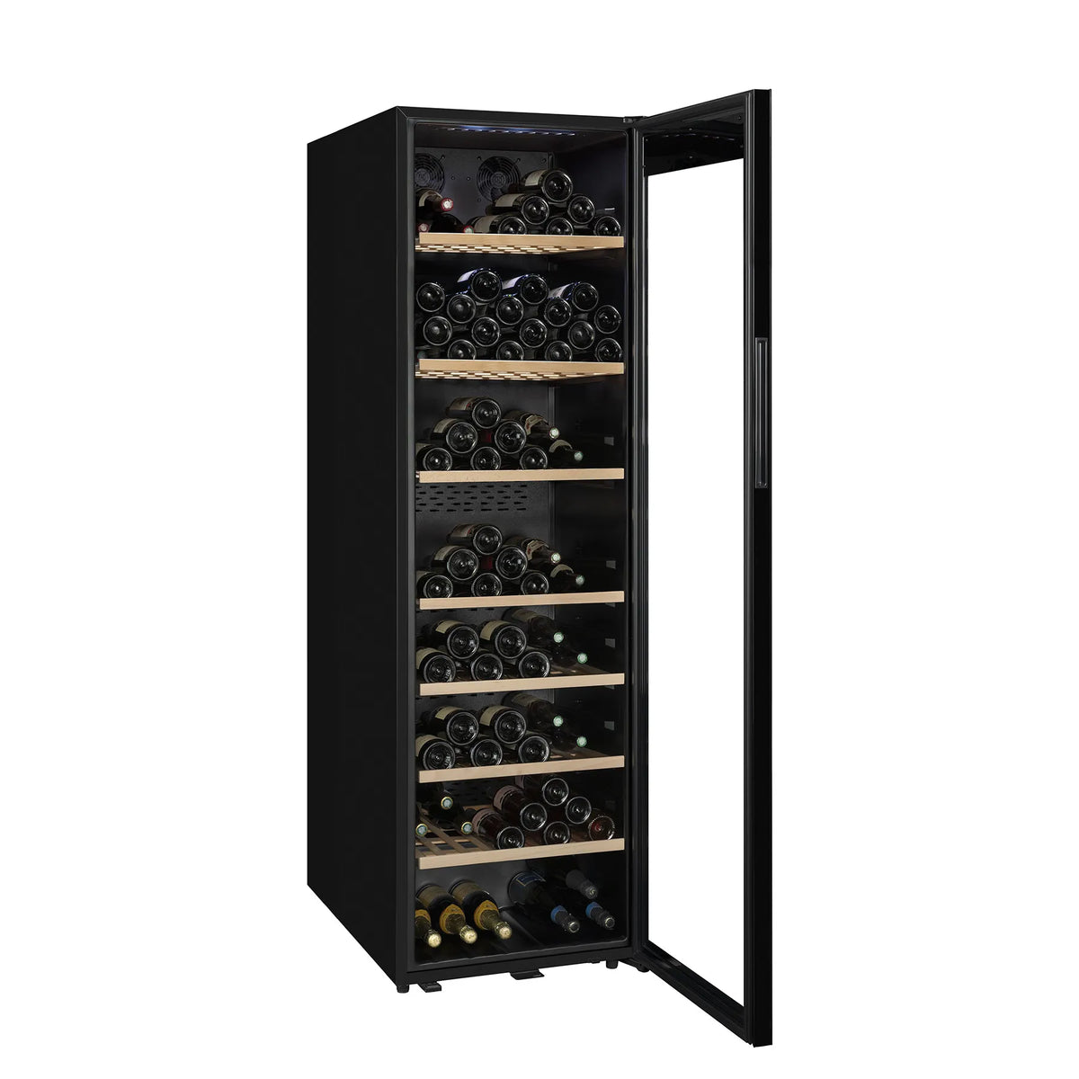 Vinoteca La Sommelière CLASSIC240 vista tres cuartos con la puerta abierta y llena de botellas