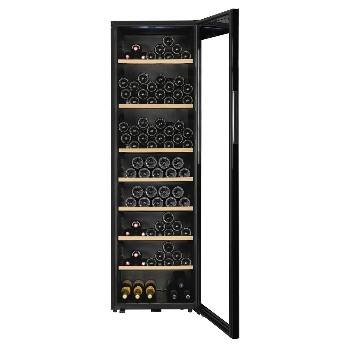 Vinoteca La Sommelière CLASSIC240 vista frontal con la puerta abierta y llena de botellas