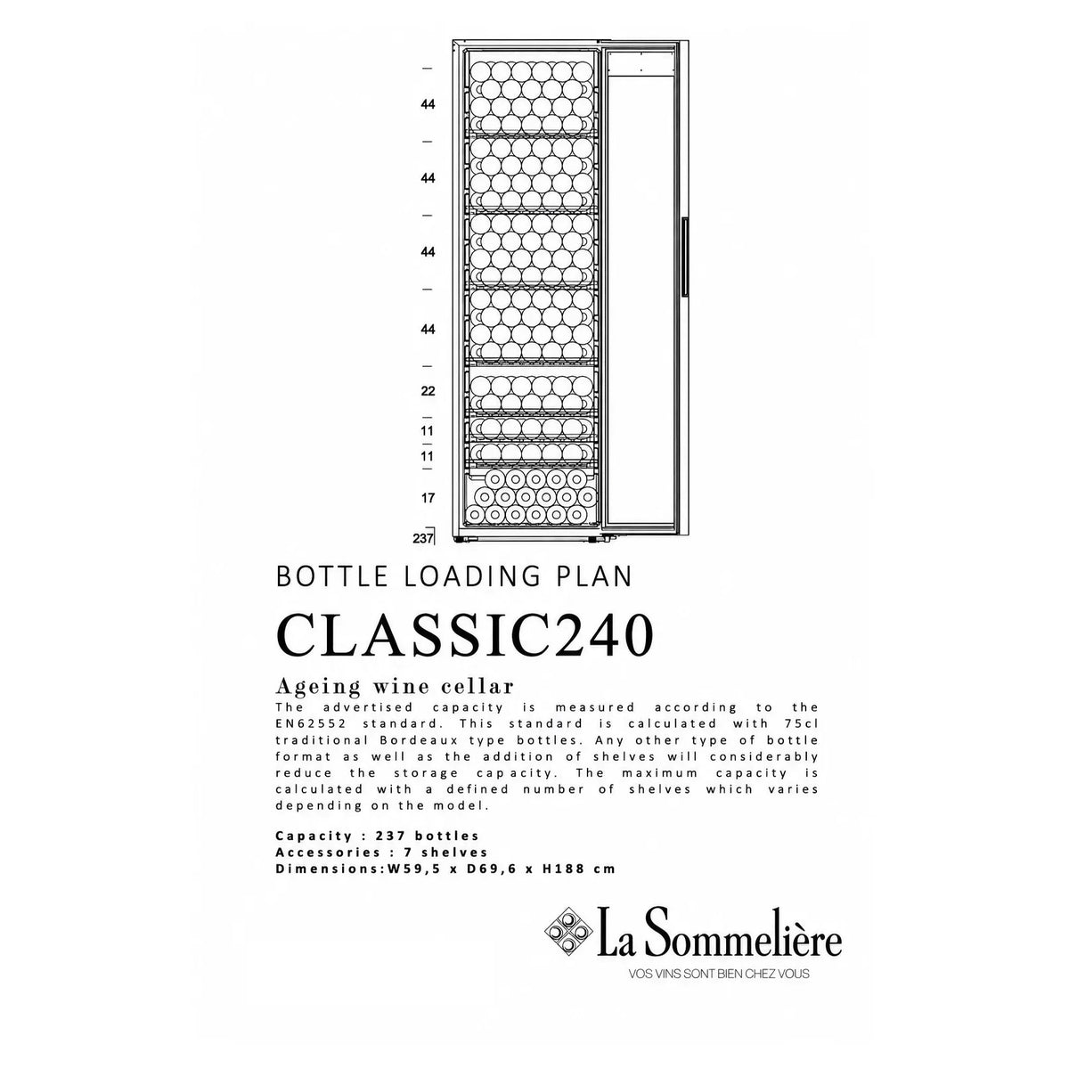 Plano de carga de la vinoteca La Sommelière CLASSIC240: 237 botellas y 7 estantes