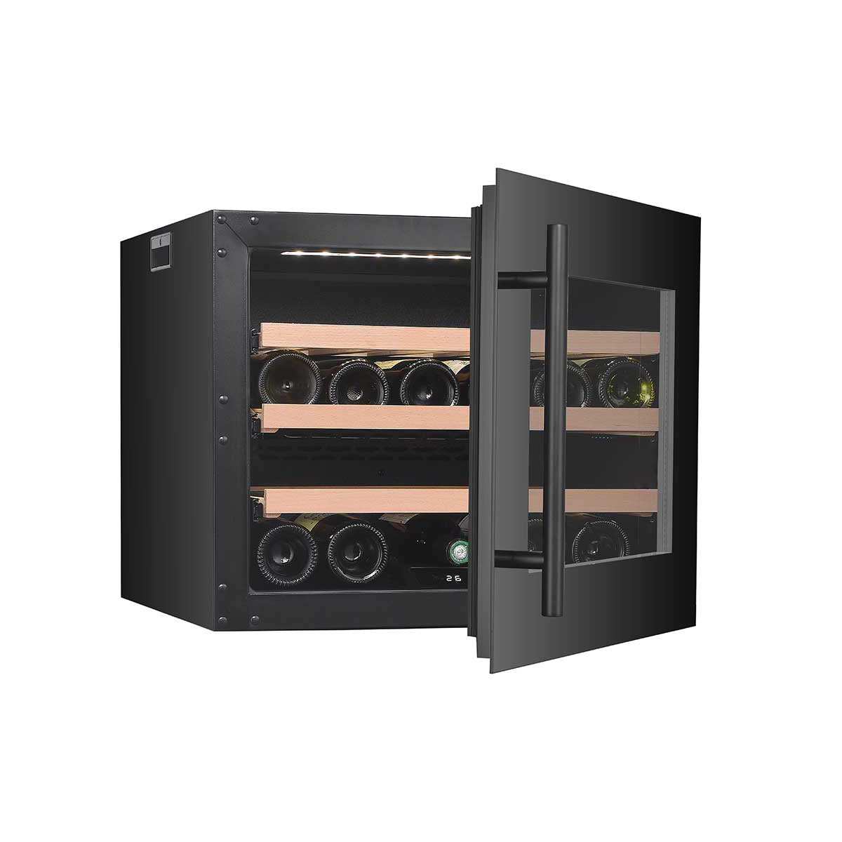 Vinoteca encastrable 24 botellas Cavanova CV024KTNS vista lateral con puerta semi abierta y con botellas de vino
