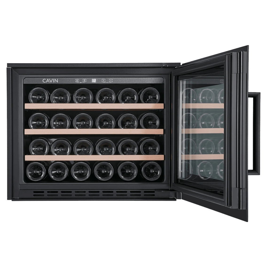 Vinoteca Cavin Scandinavian Collection 45 Fullglass Black de 24 botellas, vista del interior con bandejas de madera.