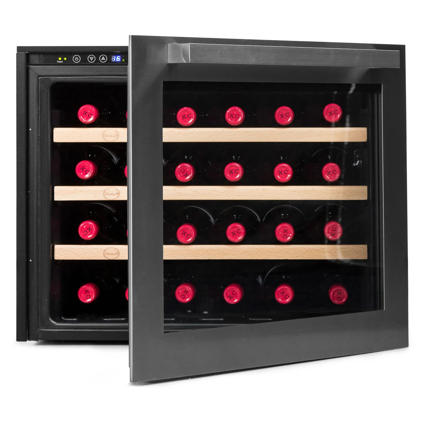 Vinoteca Vinobox V24 Design Inox con puerta abierta y bandejas de madera para 24 botellas.