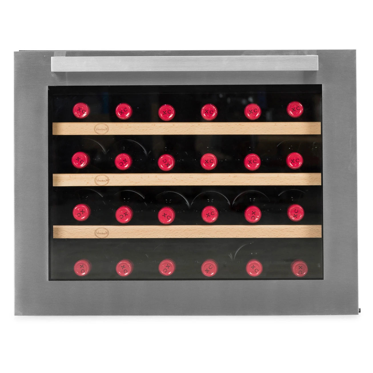 Vinoteca Vinobox V24 Design Inox encastrable de 24 botellas con marco de acero inoxidable y puerta de cristal.