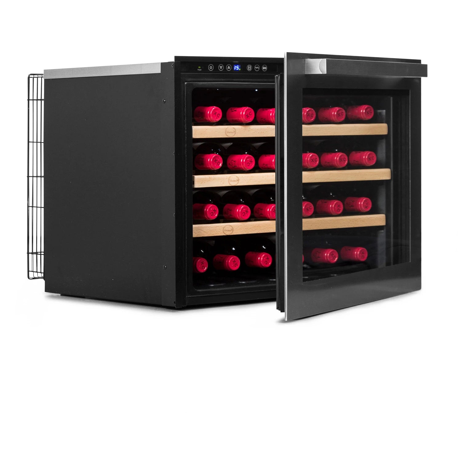 Detalle de la vinoteca Vinobox V24 Design Inox con puerta de doble cristal y marco inox.