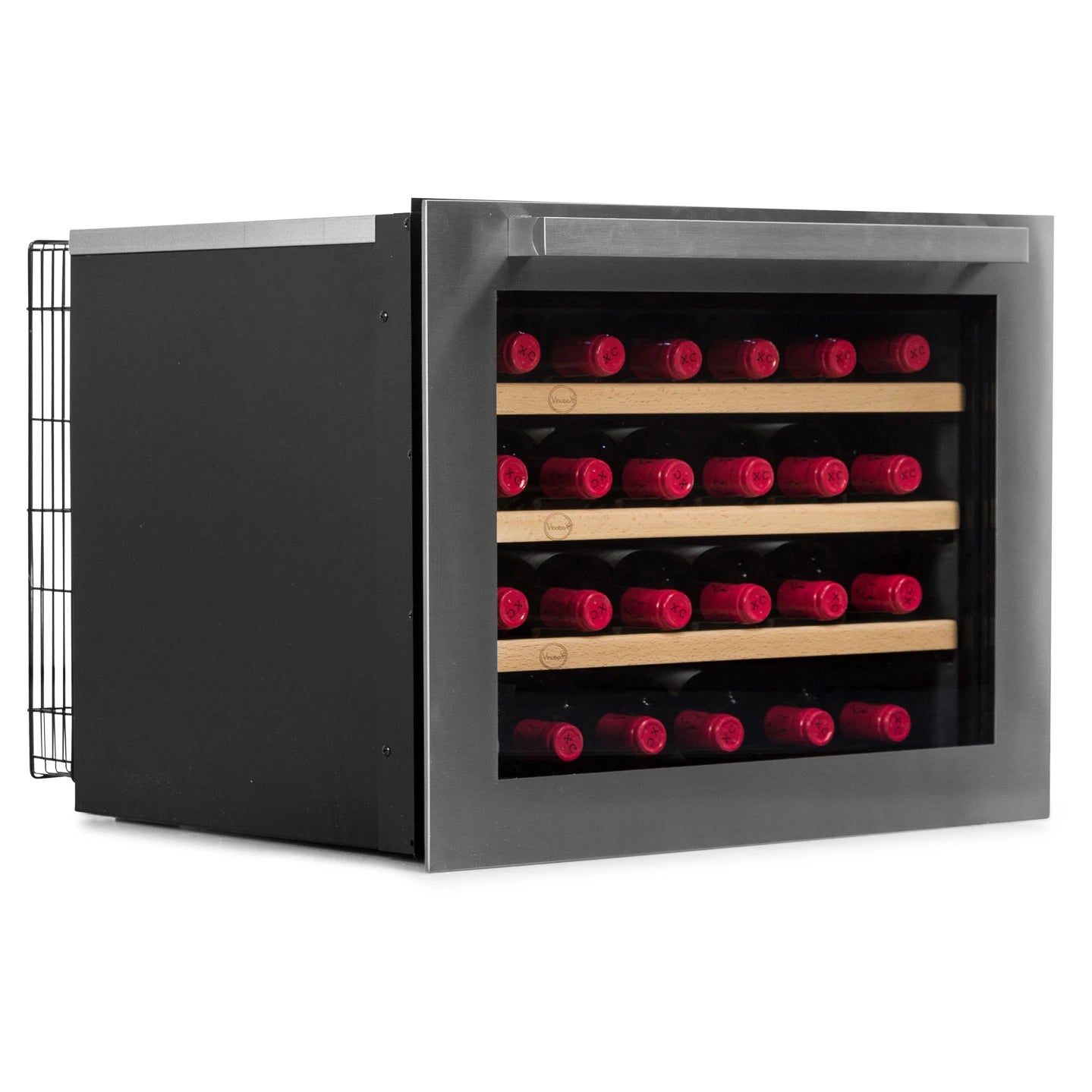 Interior de la vinoteca Vinobox V24 Design Inox con bandejas de madera extraibles.