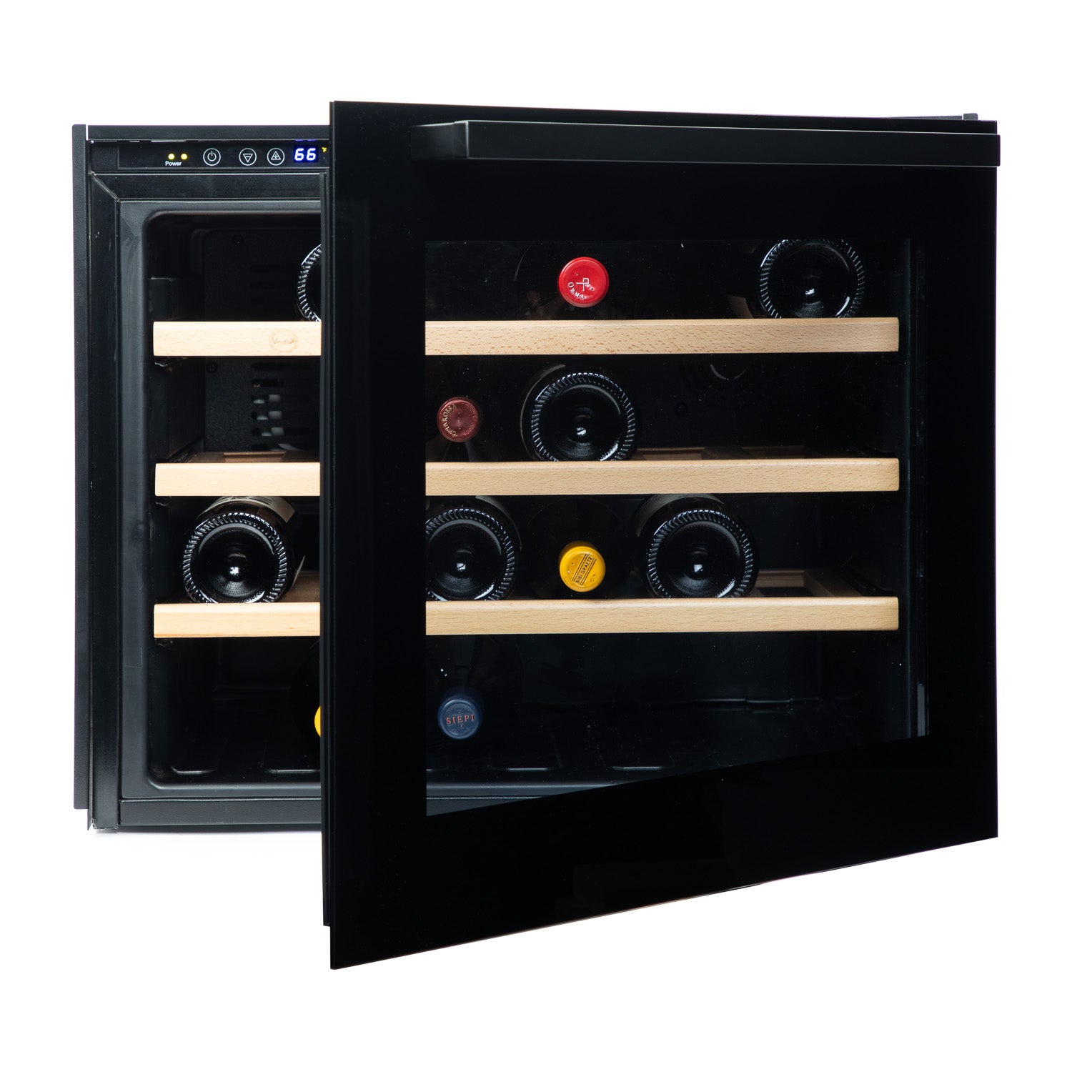 Vinoteca encastrable 24 botellas Vinobox 24 Design Black vista frontal semiabierta