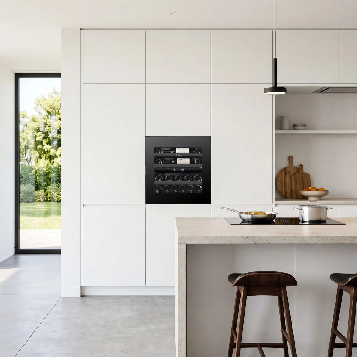 Le Chai LT2BI25H60A 25-bottle wine cooler, built into a column in a kitchen.
