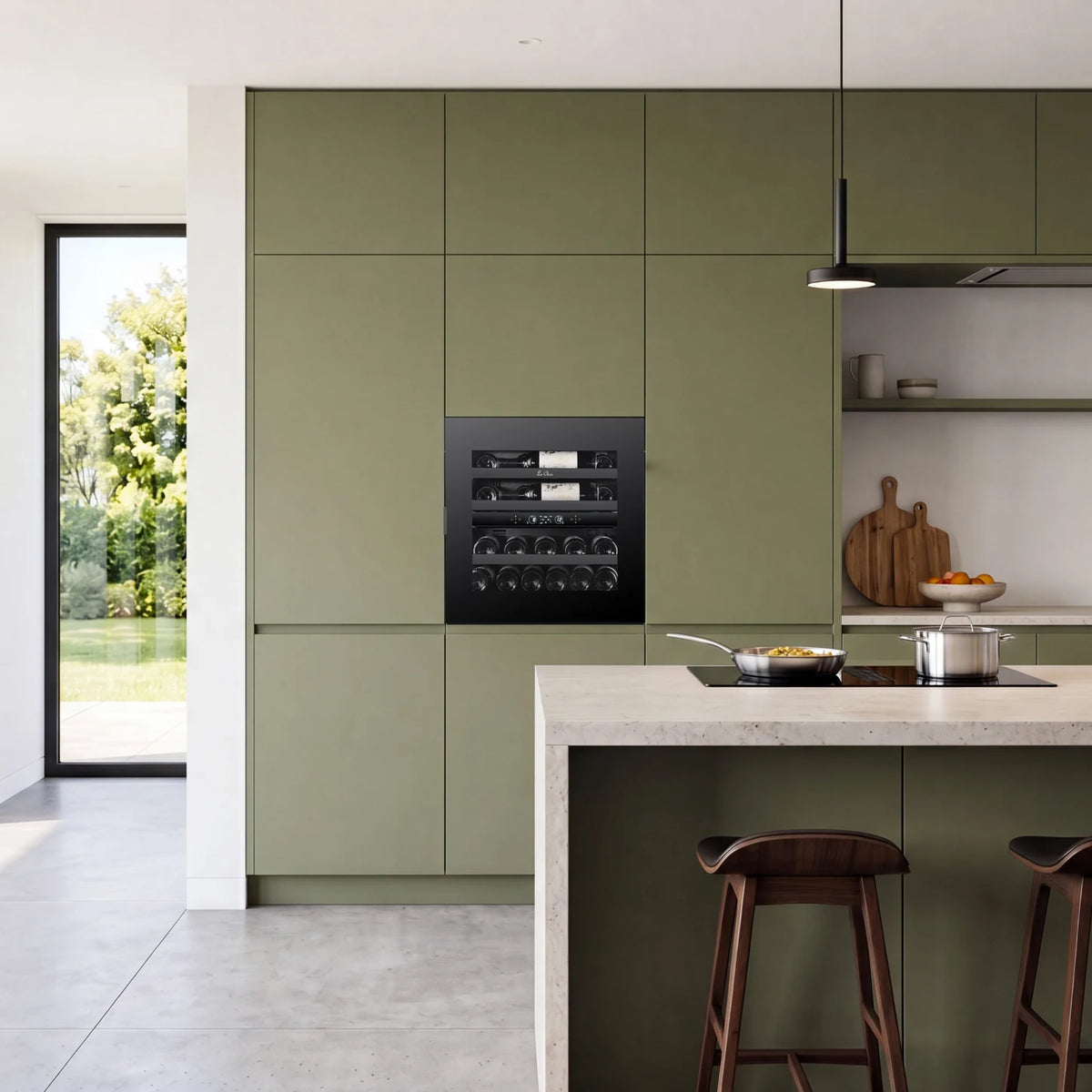 Le Chai LT2BI25H60A 25-bottle wine cooler, built into a column in a kitchen.