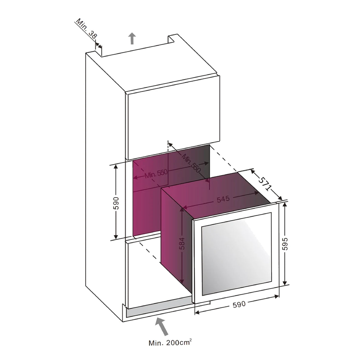 Built-in diagram with dimensions of the Le Chai LT2BI25H60A wine cooler.