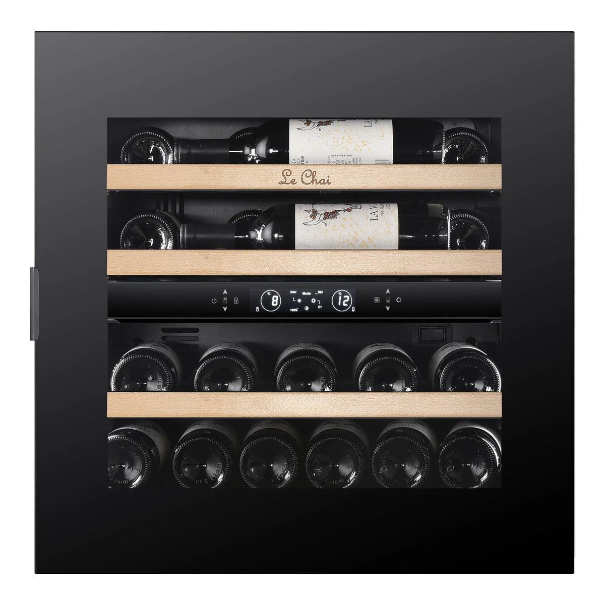 Le Chai LT2BI25H60A 25-bottle wine cooler, front view with the door closed, full of bottles, with the wooden shelves without the Black Inox front.