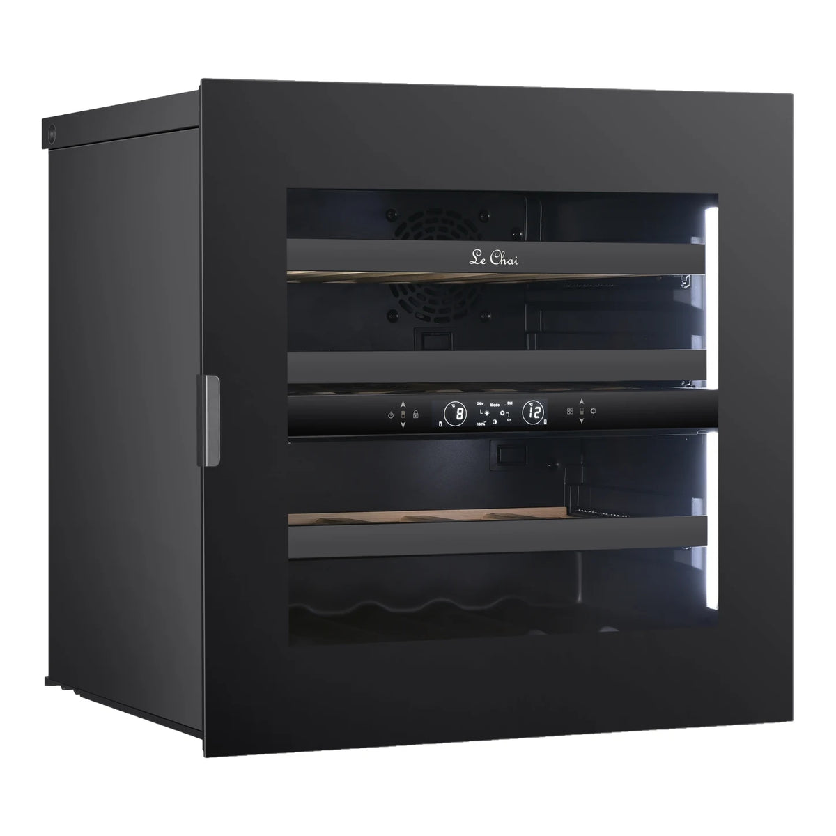 Le Chai LT2BI25H60A 25-bottle wine cooler, empty, three-quarter view with the door closed.