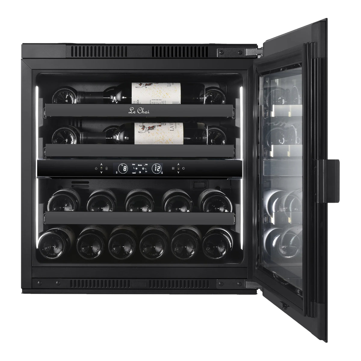 Le Chai LT2BI25H60A 25-bottle wine cooler, front view with the door open and the bottles on the shelves.