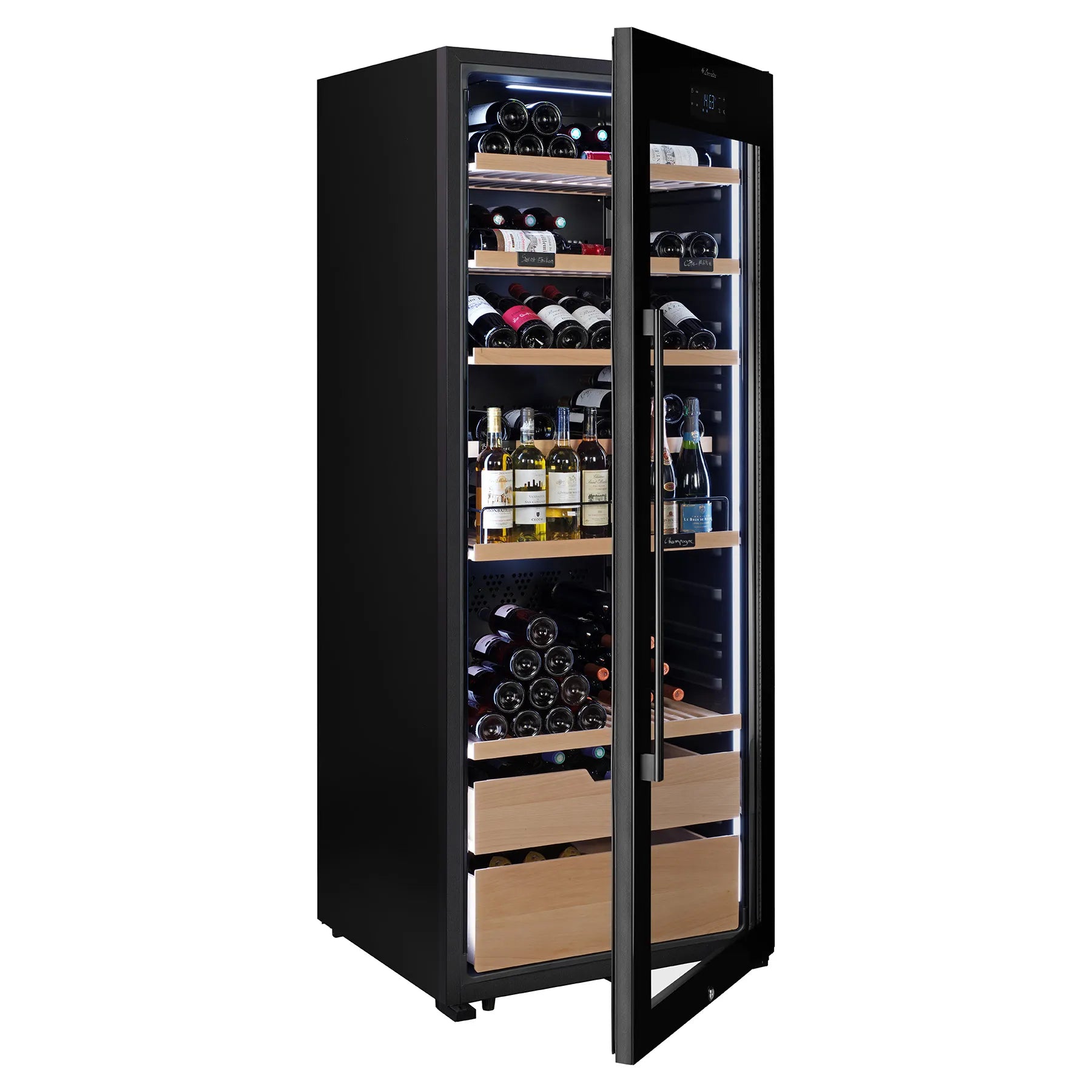 Vinoteca La Sommelière VIP273 Edition con puerta abierta e iluminación fría, mostrando estantes de madera llenos de botellas de vino.
