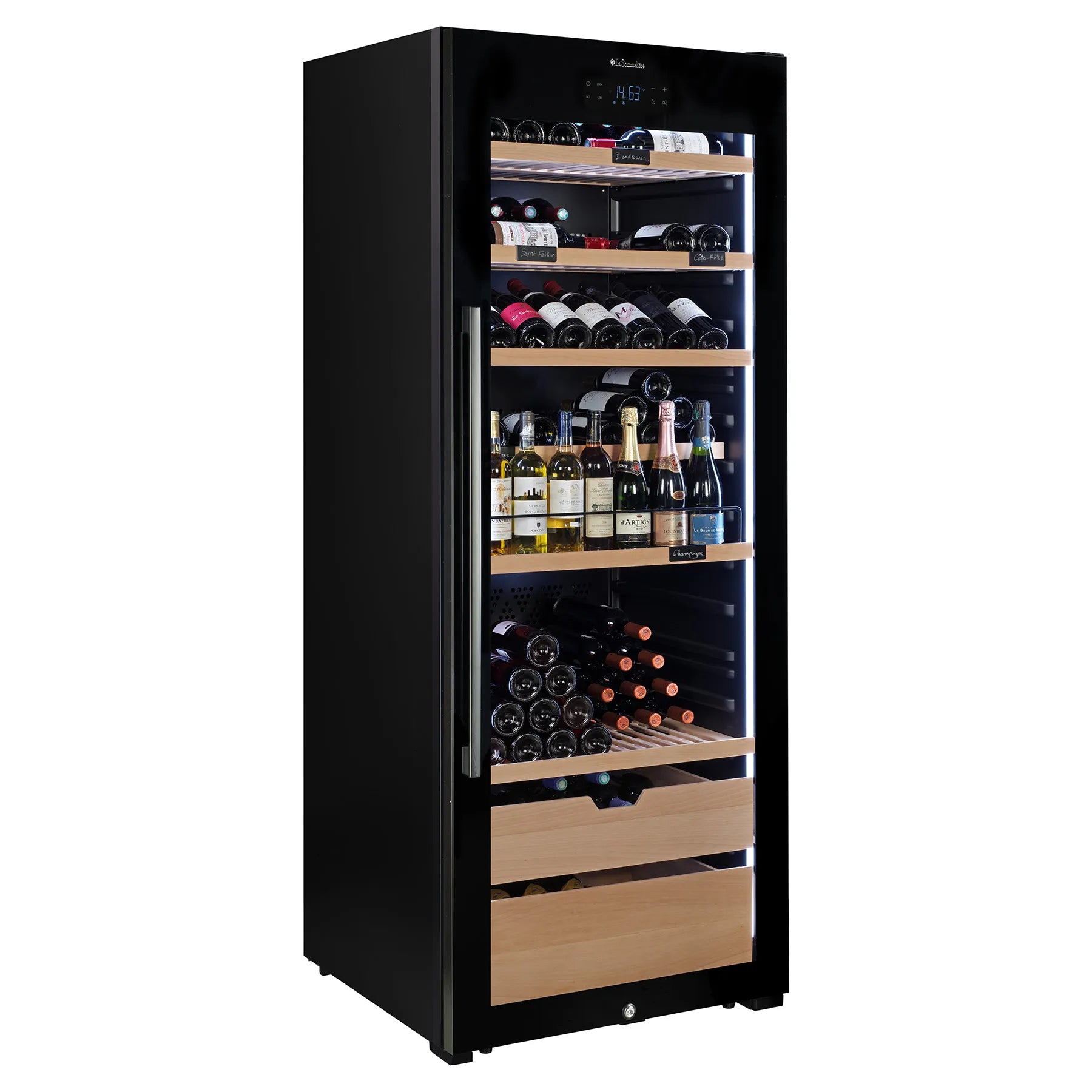 Vinoteca La Sommelière VIP273 Edition con iluminación interior fría, puerta de cristal y estantes de madera con botellas de vino almacenadas.
