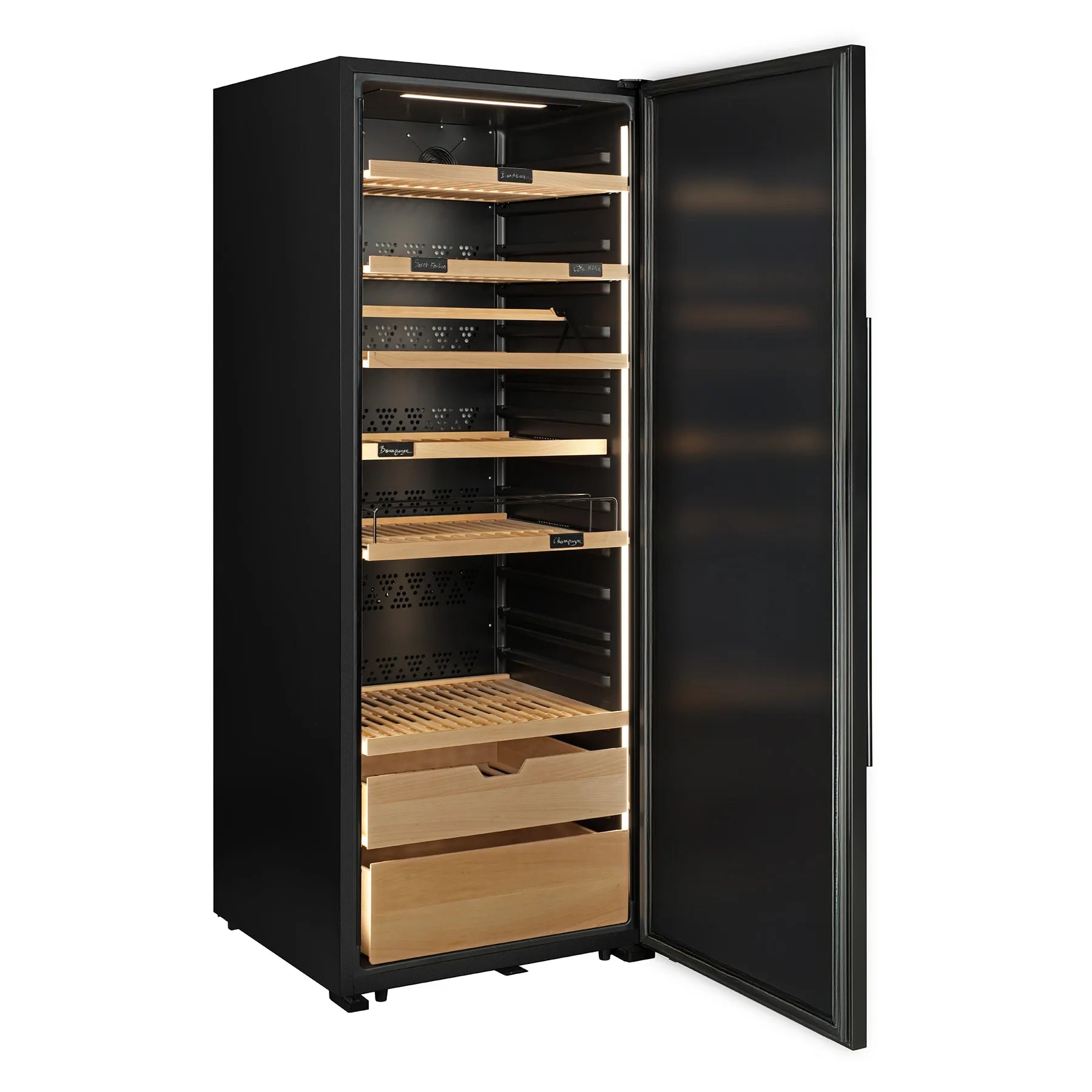 Vinoteca La Sommelière VIP275P Edition vacía con puerta abierta, mostrando estantes de madera ajustables, iluminación interior y cajones inferiores.