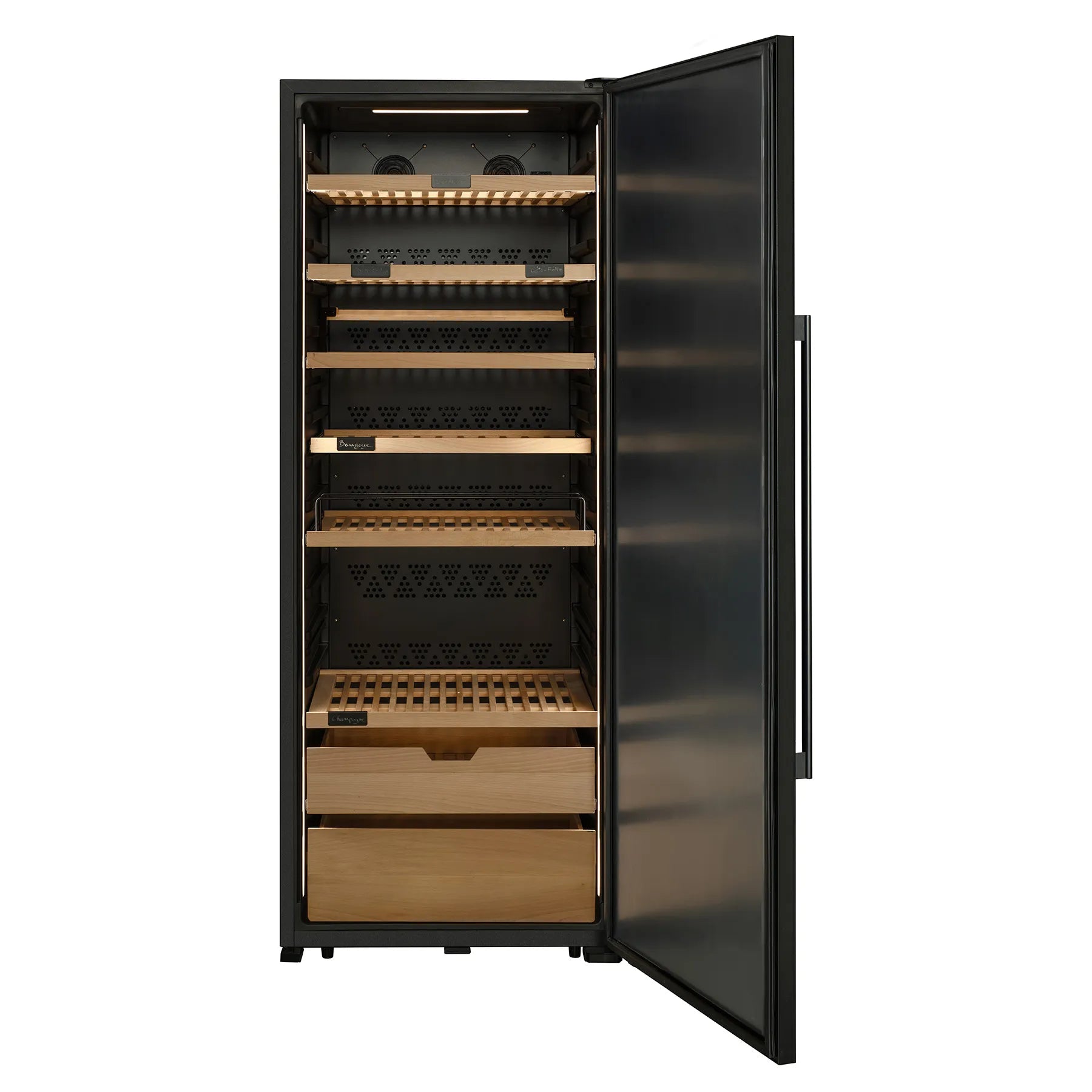 Vinoteca La Sommelière VIP275P Edition vacía con puerta abierta, mostrando estantes de madera, iluminación interior y cajones inferiores de almacenamiento.