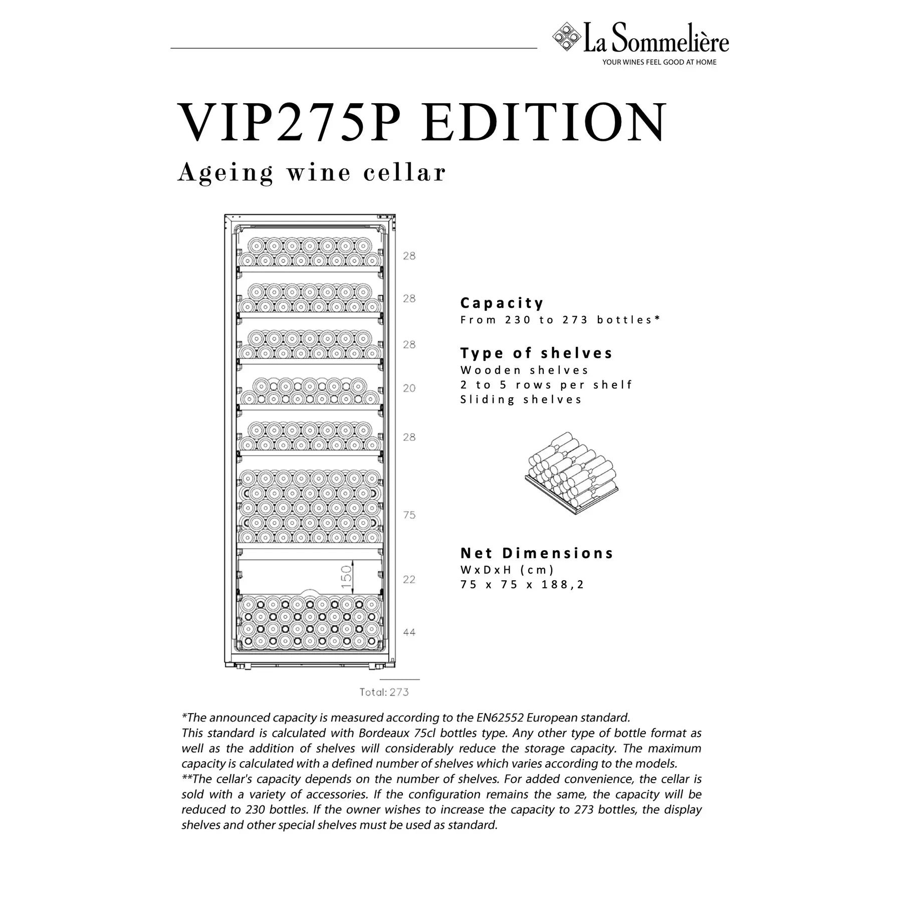 Ficha técnica de la vinoteca VIP275P Edition con esquema interior, capacidad de 230 a 273 botellas, tipo de estantes de madera y dimensiones del equipo.