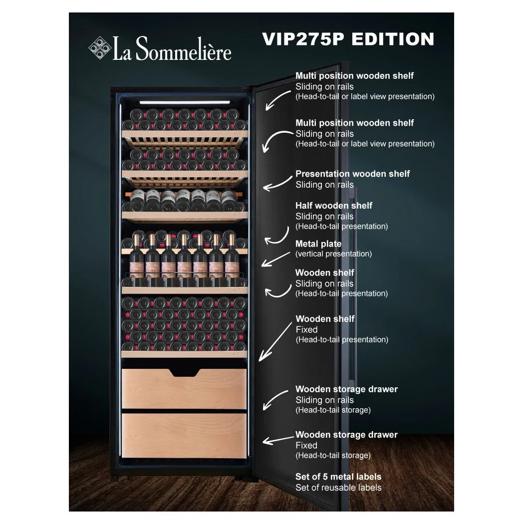 Diagrama de la vinoteca VIP275P Edition con etiquetas en inglés que indican los distintos estantes de madera, posiciones deslizantes, zona de presentación y cajones de almacenamiento.