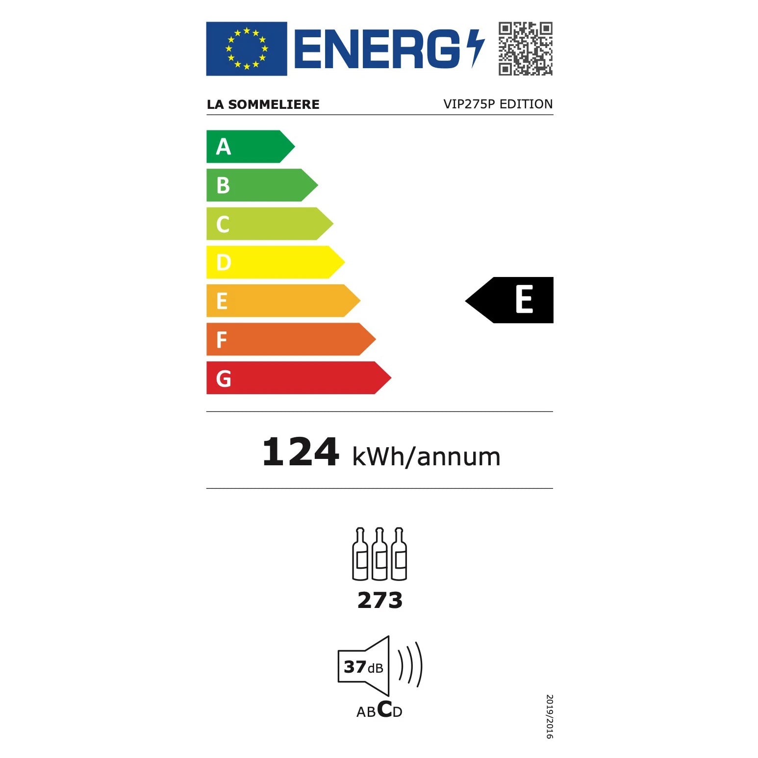 Etiqueta energética de la vinoteca La Sommelière VIP275P Edition con clasificación E, consumo anual de 124 kWh, capacidad para 273 botellas y nivel sonoro de 37 dB.
