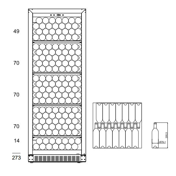 Esquema técnico frontal de la vinoteca mQuvée VELVET 220 Premium Package con distribución de botellas por estante, mostrando una capacidad total de 273 botellas. A la derecha se incluyen vistas superior y lateral de la disposición interna y dimensiones estándar de una botella.