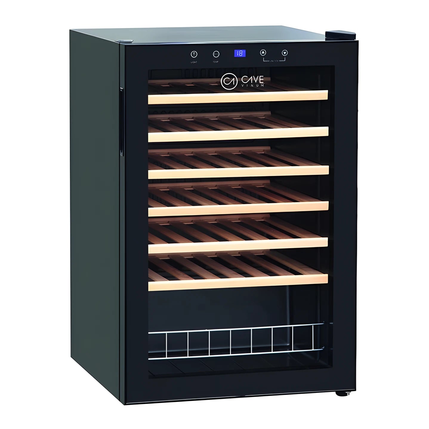 Vinoteca Cave Vinum modelo CV-28CWS con capacidad para 28 botellas, diseño compacto en color negro con puerta de vidrio y estantes de madera.