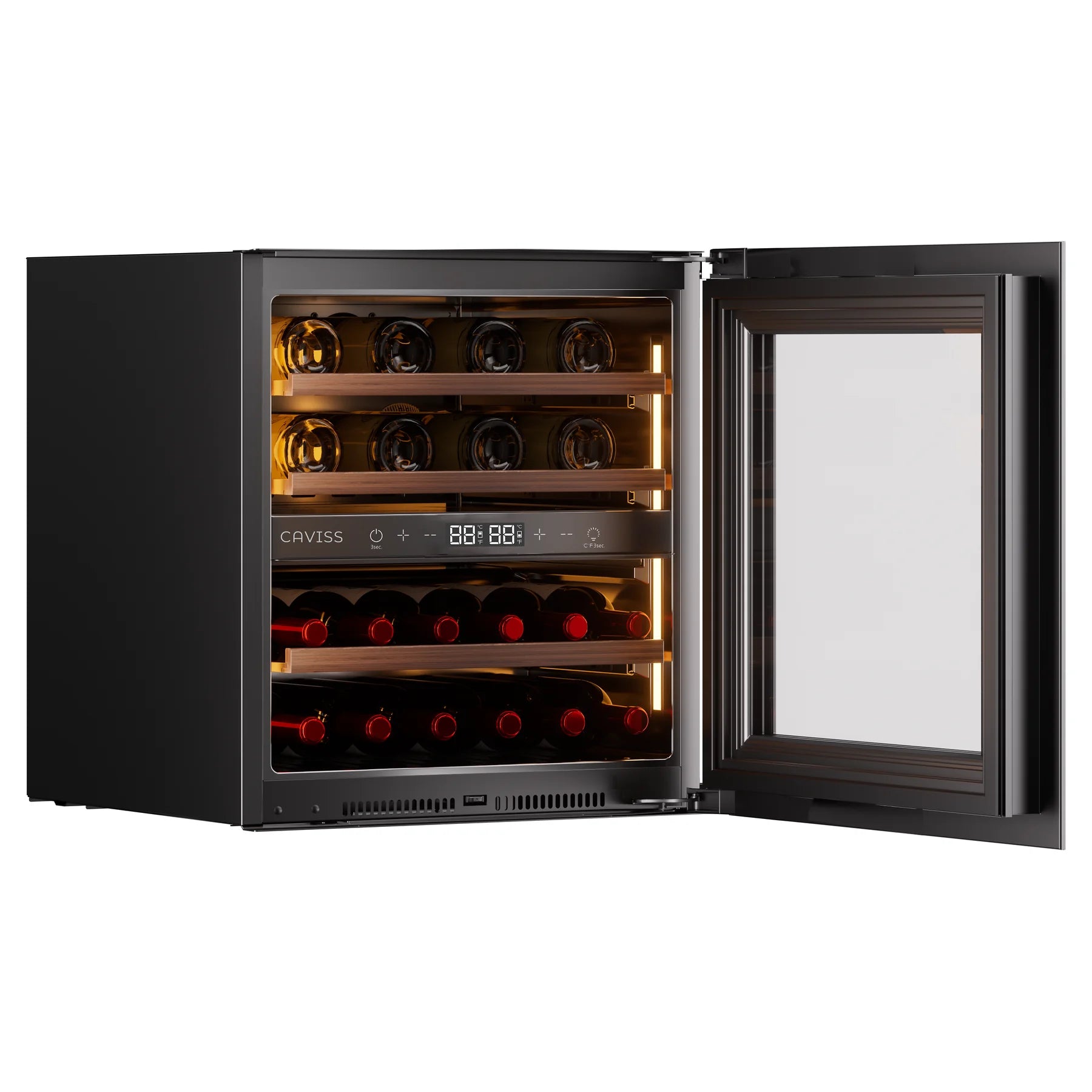 Vinoteca Caviss CT2E28H60N60 abierta y llena de botellas, vista de tres cuartos