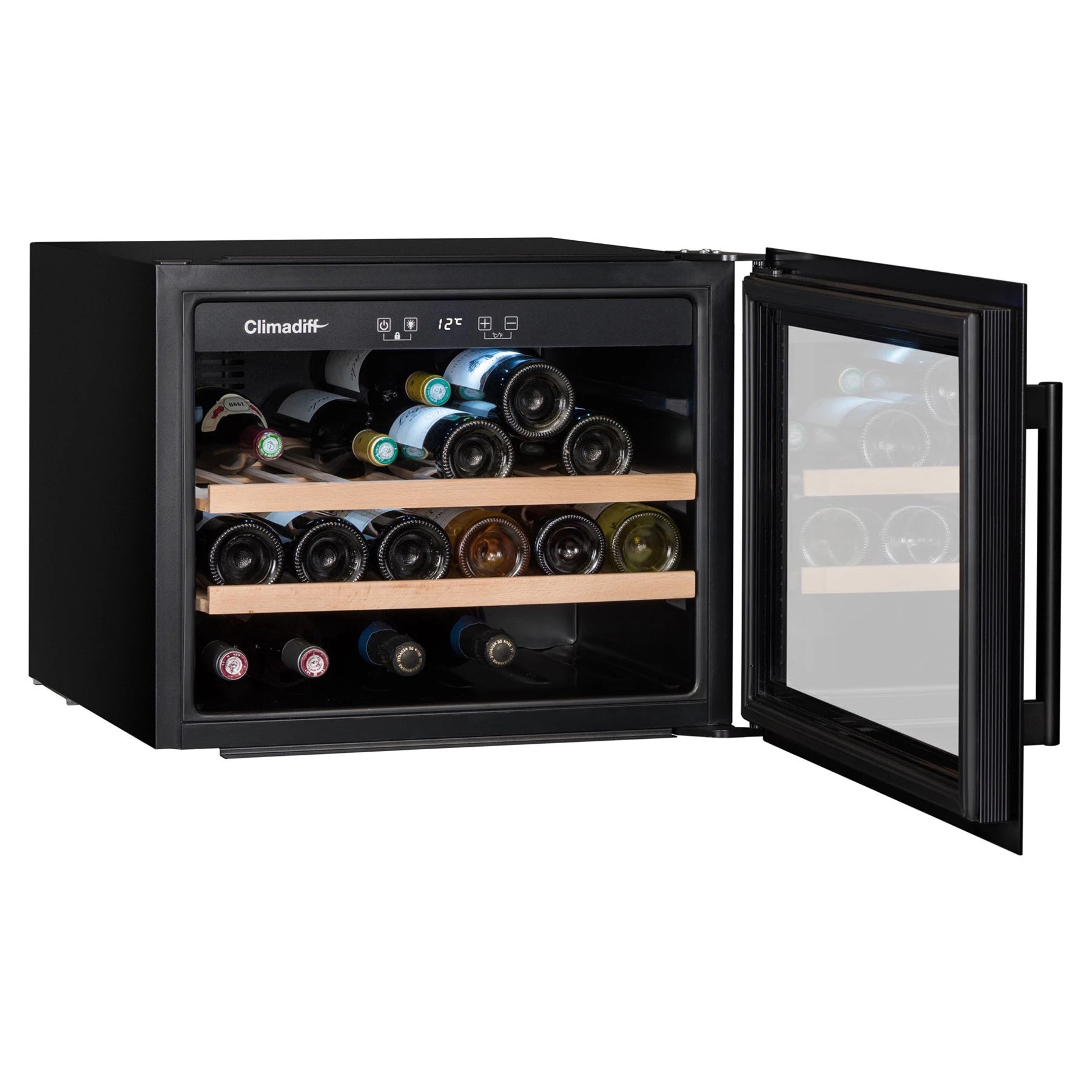 Interior de vinoteca Climadiff CBI28S1B para 28 botellas con estantes de madera, botellas de vino y panel digital de temperatura.
