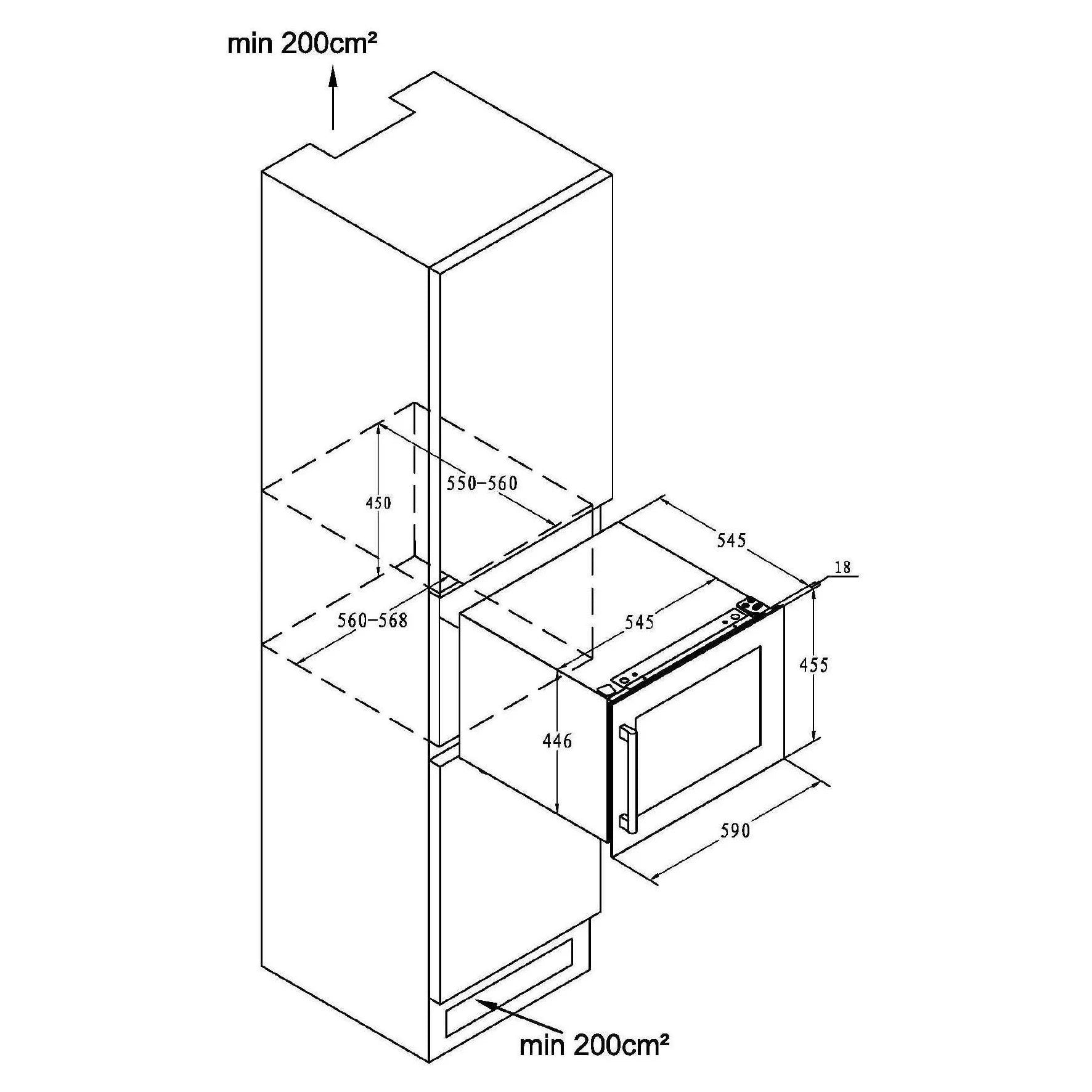 Esquema de instalación de vinoteca integrable Climadiff CBI28S1B para 28 botellas con medidas del nicho y requisitos de ventilación.