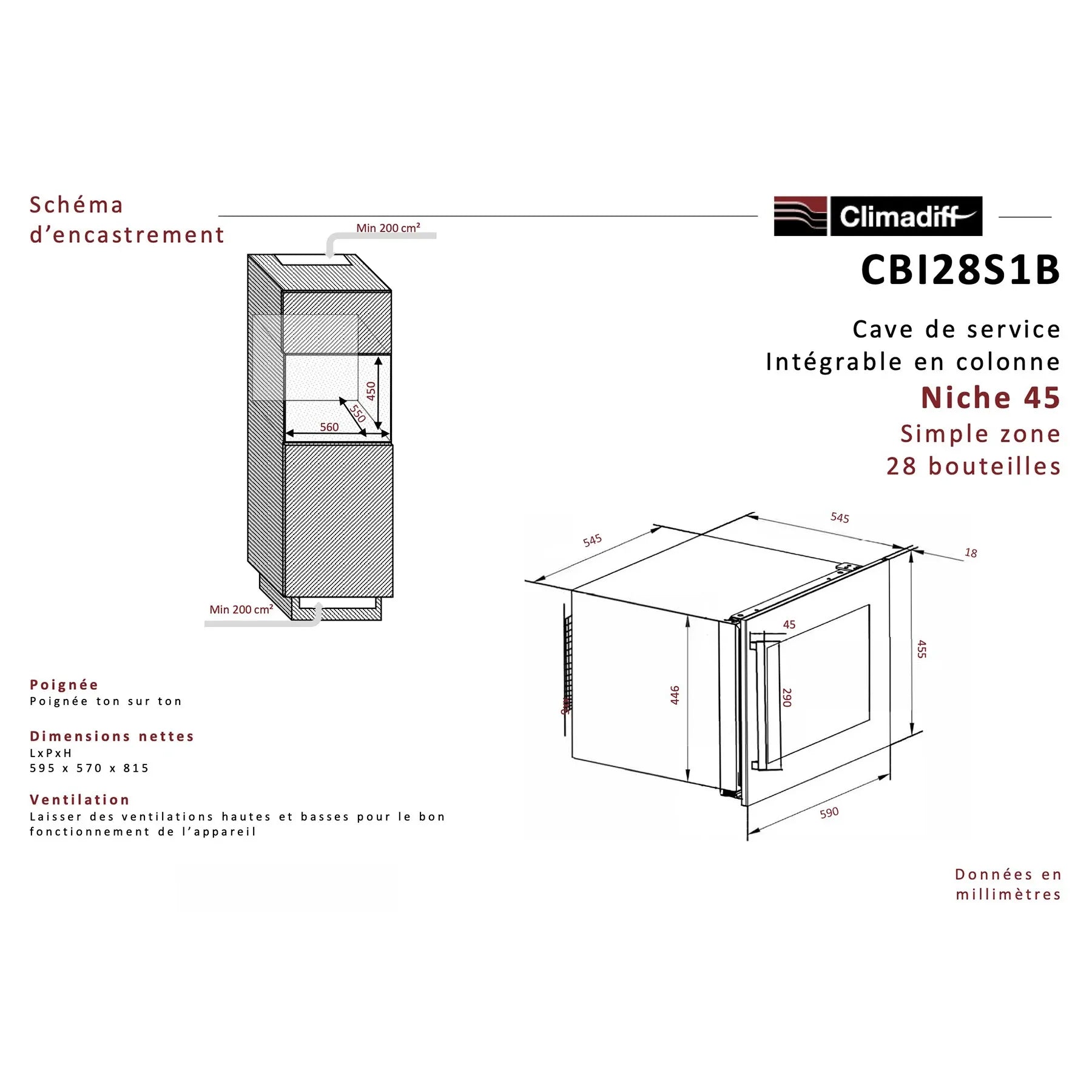 Esquema de encastre de la vinoteca integrable Climadiff CBI28S1B para 28 botellas con medidas y dimensiones de instalación.