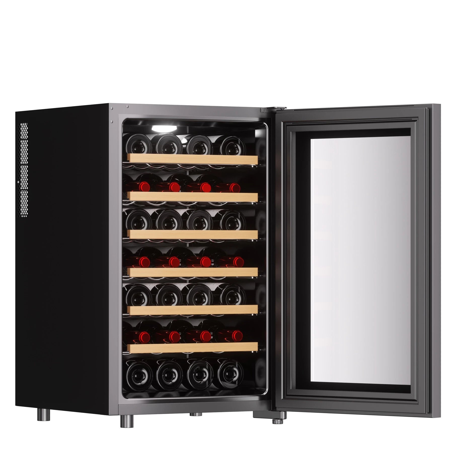 Climadiff CUVEE28 con puerta de vidrio abierta, interior iluminado y botellas de vino distribuidas ordenadamente en estantes de madera.
