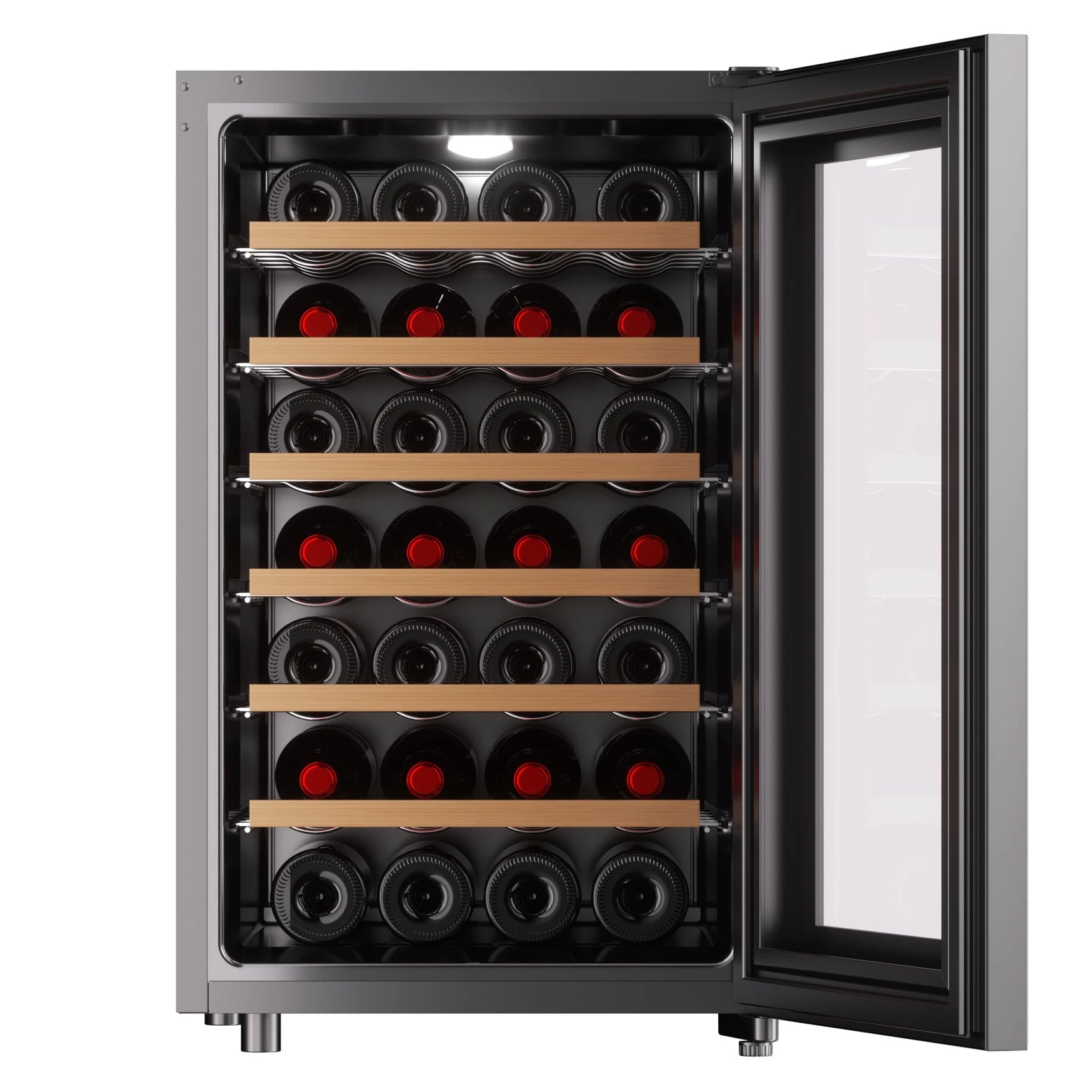 Vinoteca Climadiff abierta y completamente cargada con 28 botellas de vino distribuidas en estantes de madera con soportes metálicos ondulados.